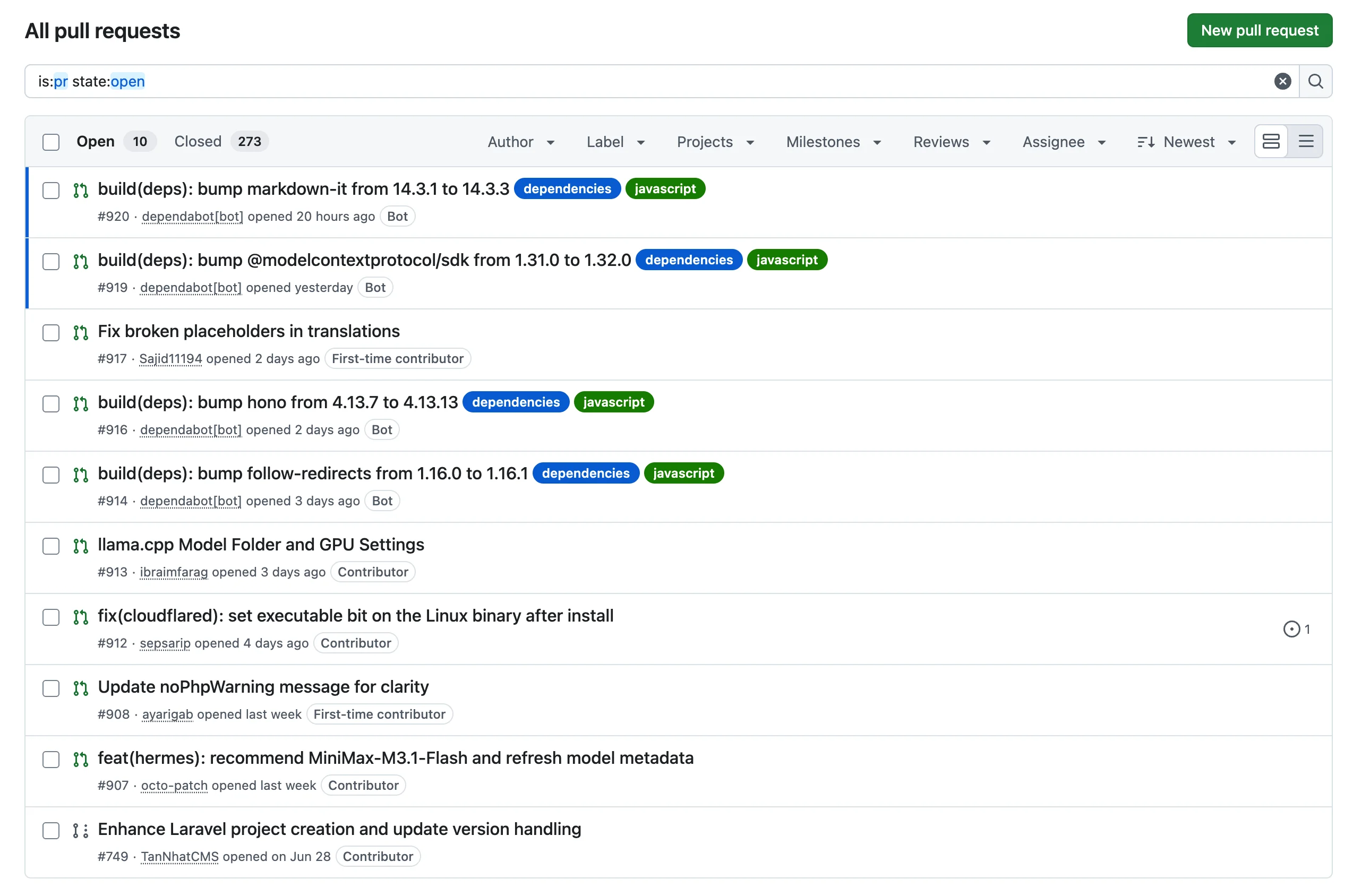 Daftar pull request FlyEnv di GitHub