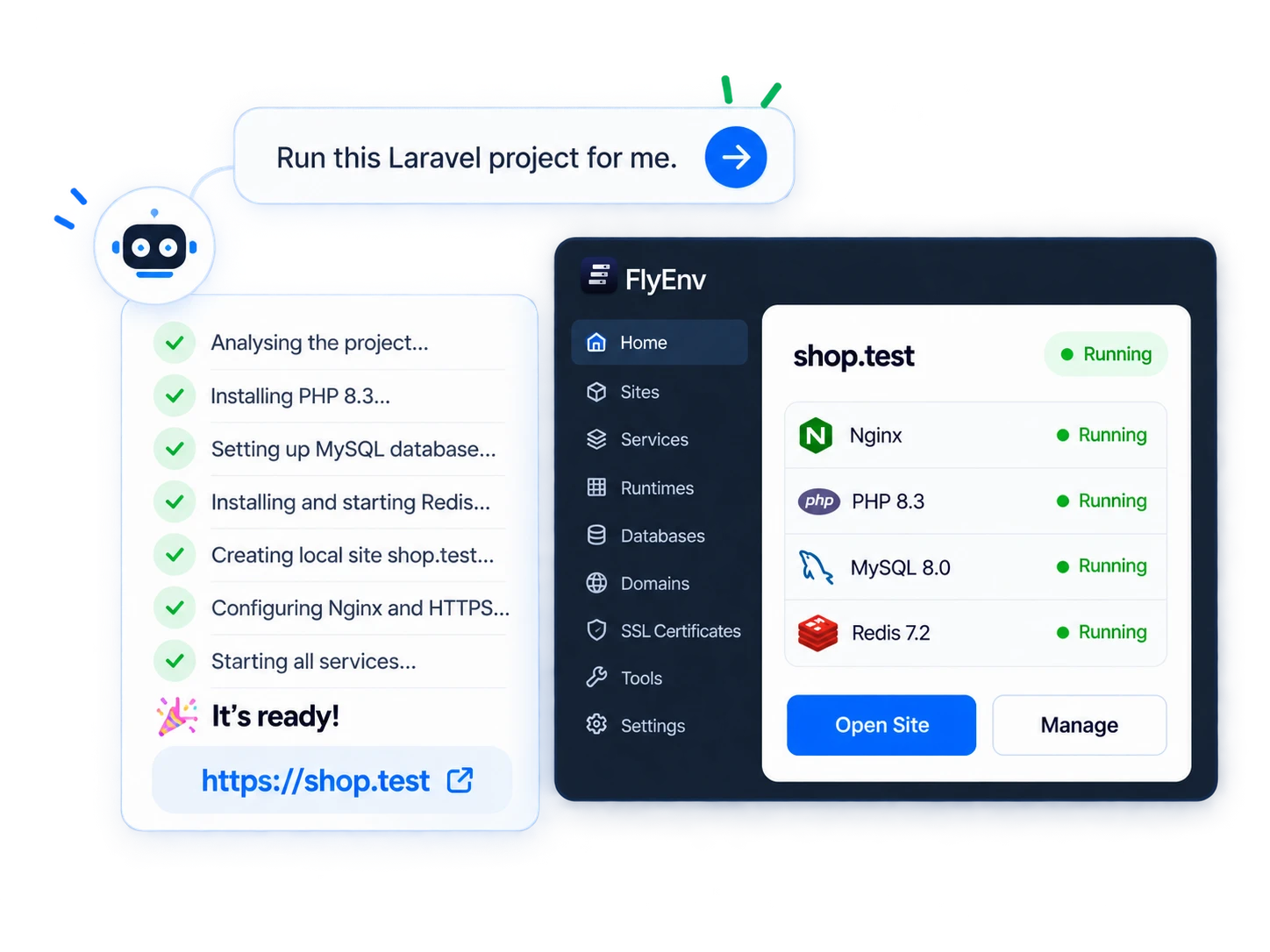 AI agent setting up a local Laravel environment through FlyEnv