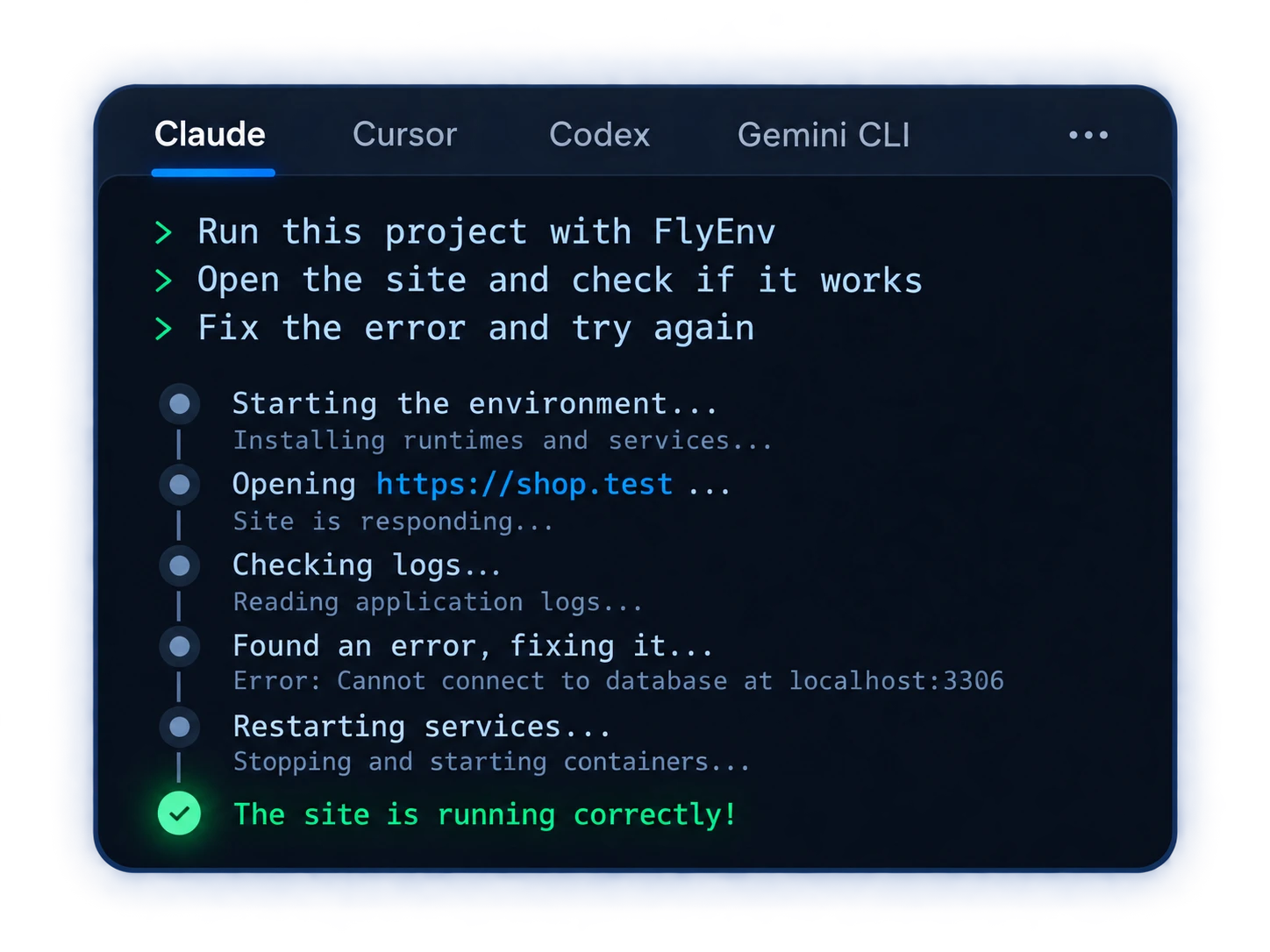 AI coding client running, checking, and repairing a local project