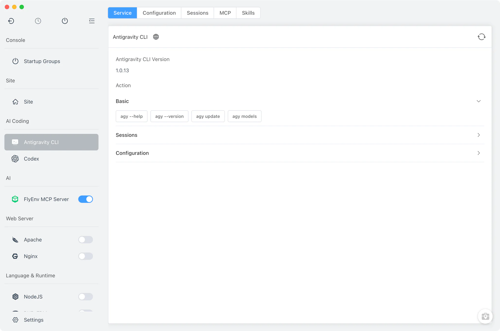 Antigravity CLI module overview in FlyEnv