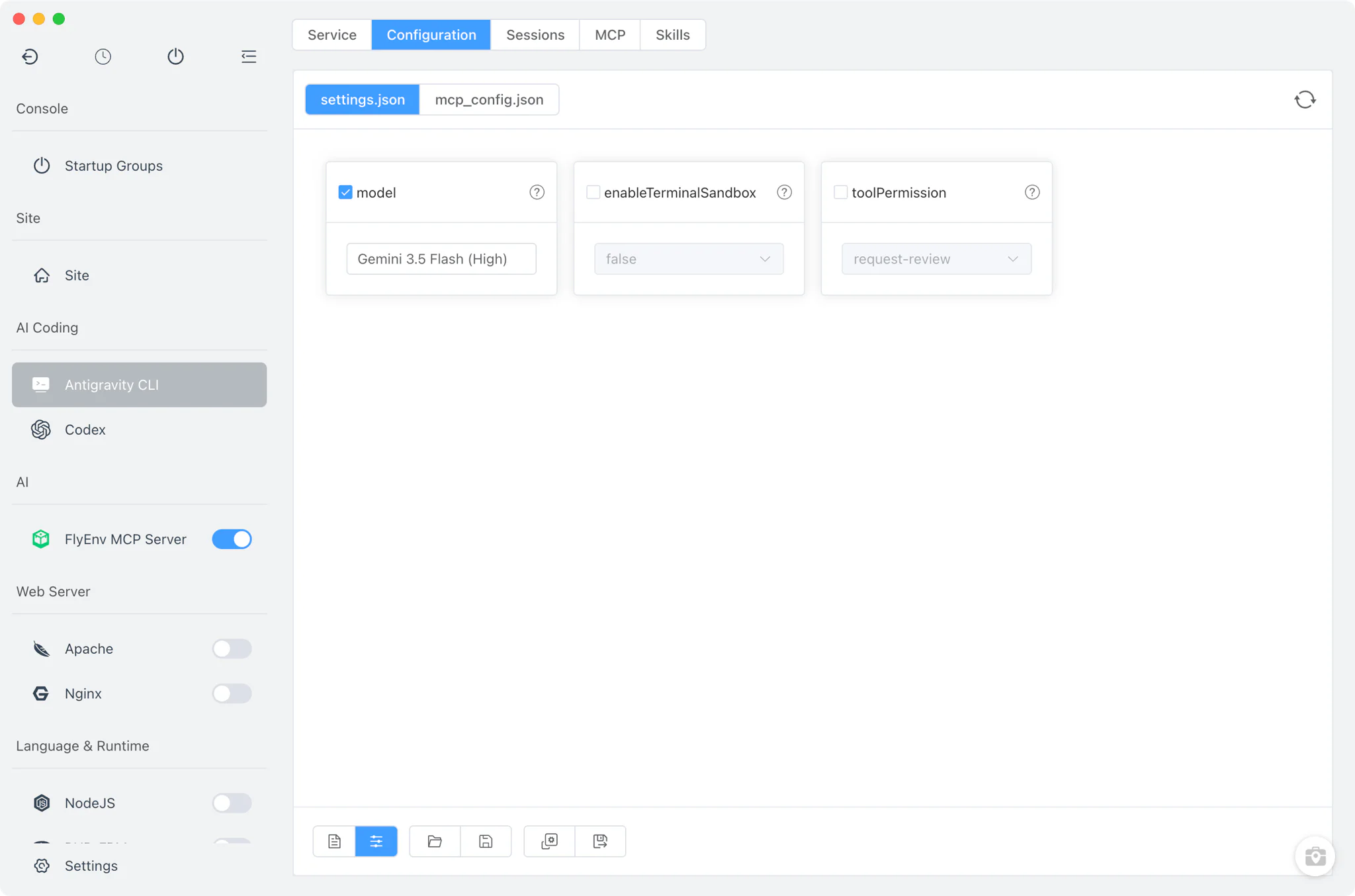 Visual settings form for Antigravity CLI