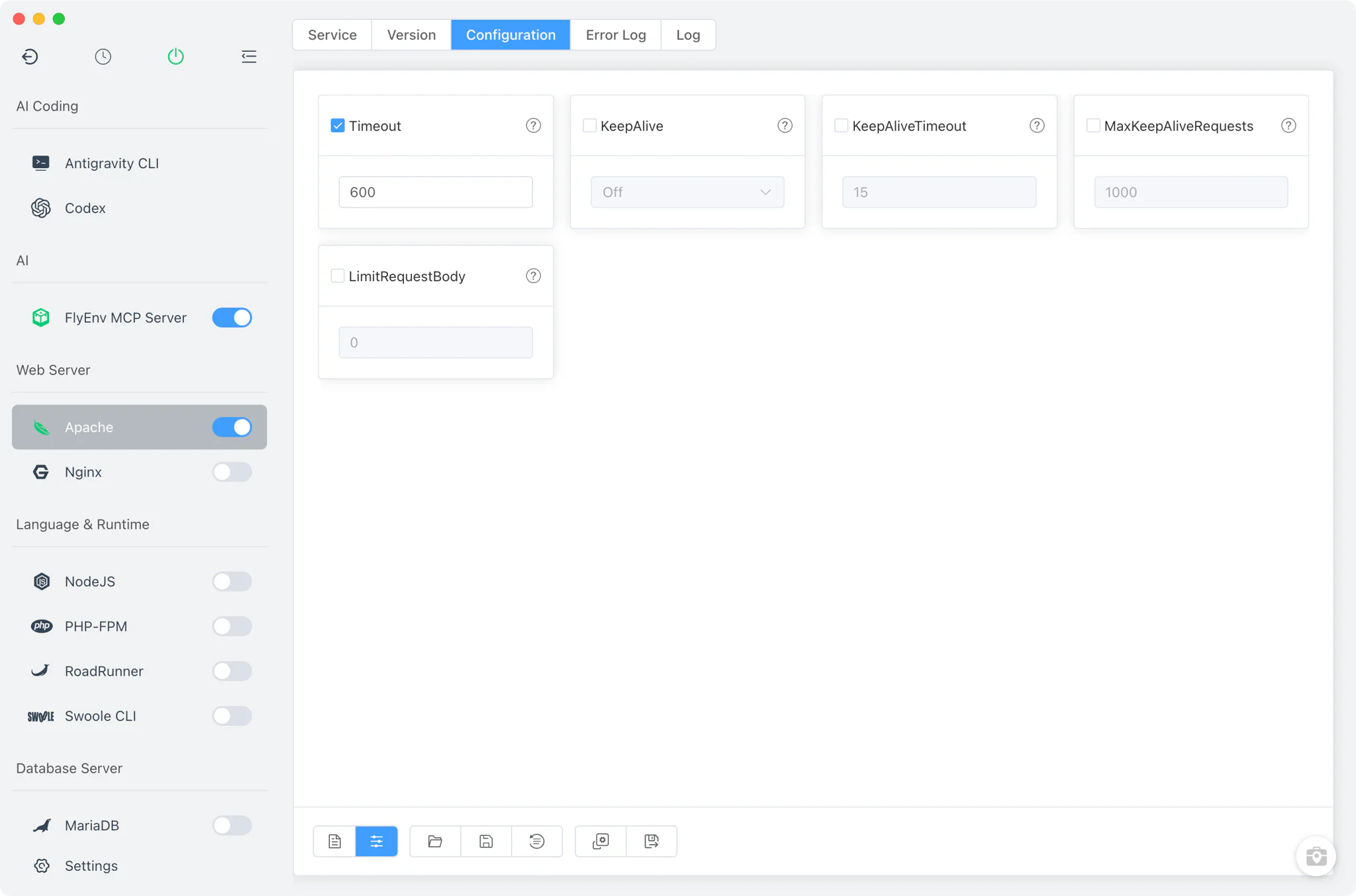 Apache common settings form and config editor