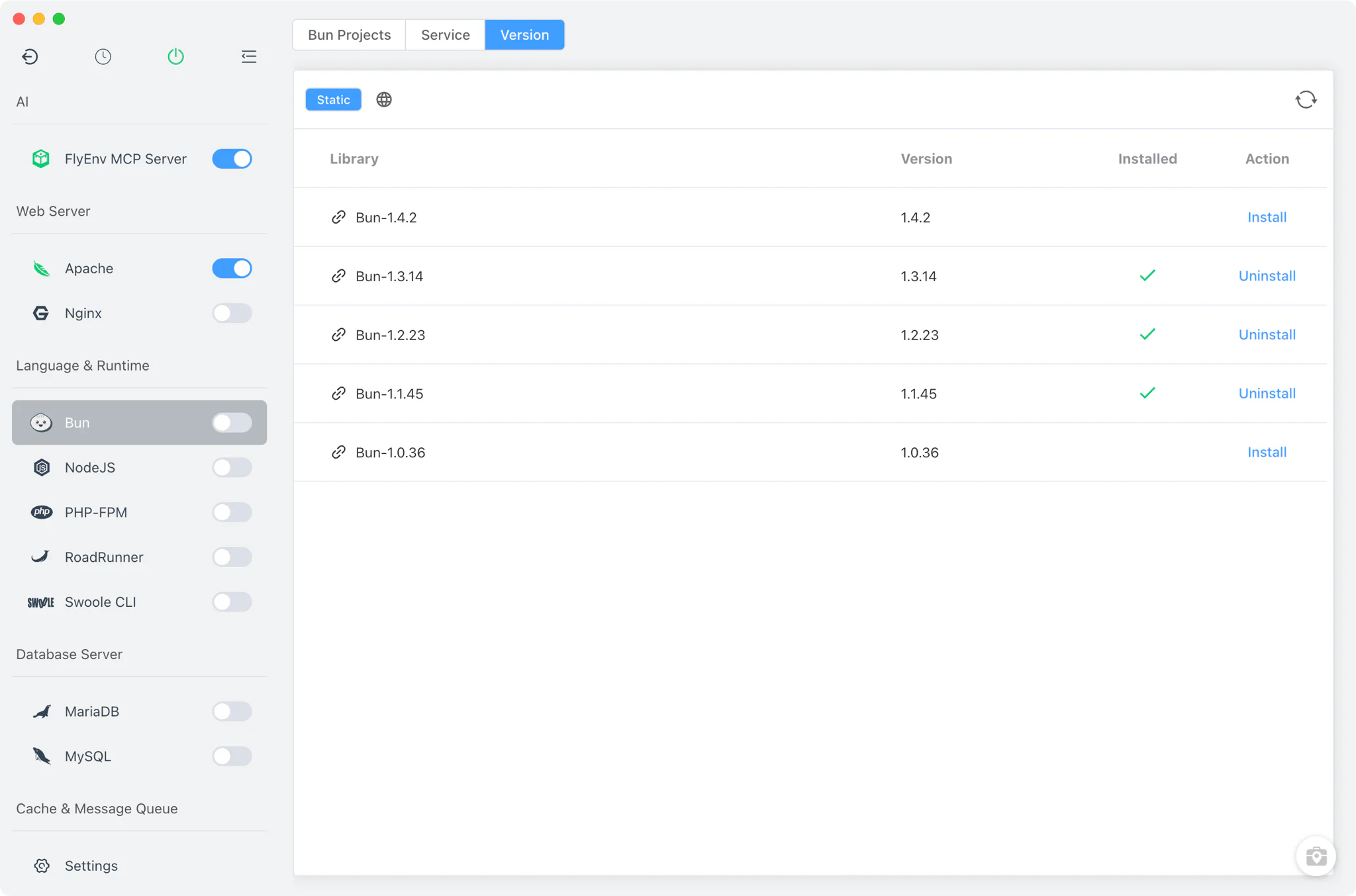 Bun Version Manager with the Static online list