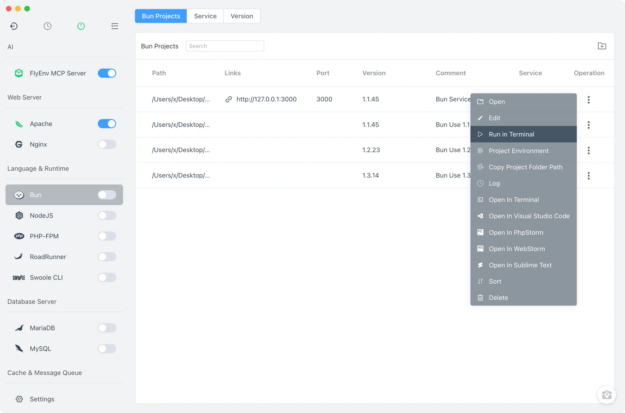 Bun Projects list with per-project Bun version binding