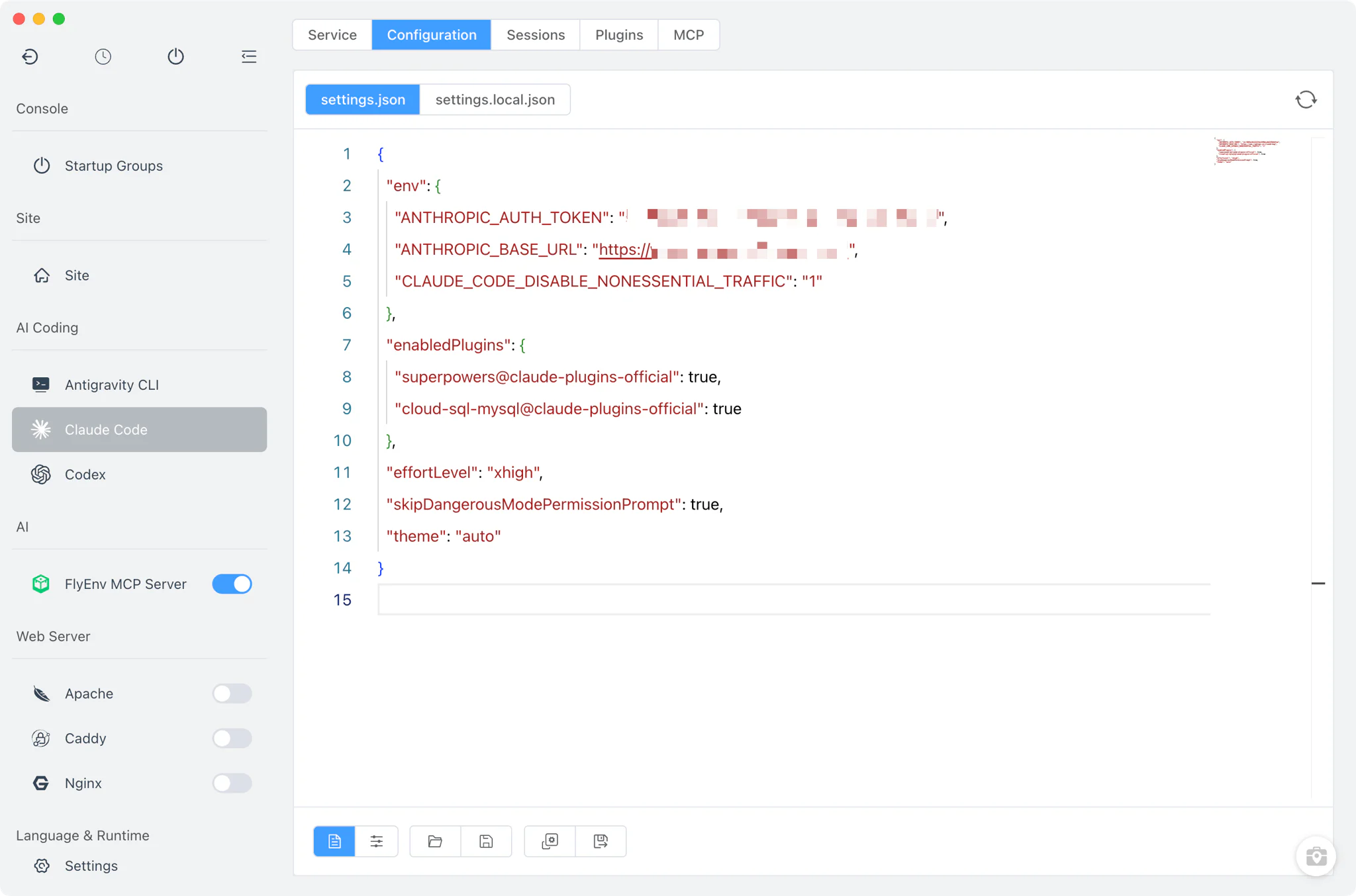Claude Code settings.json visual form with theme and model fields