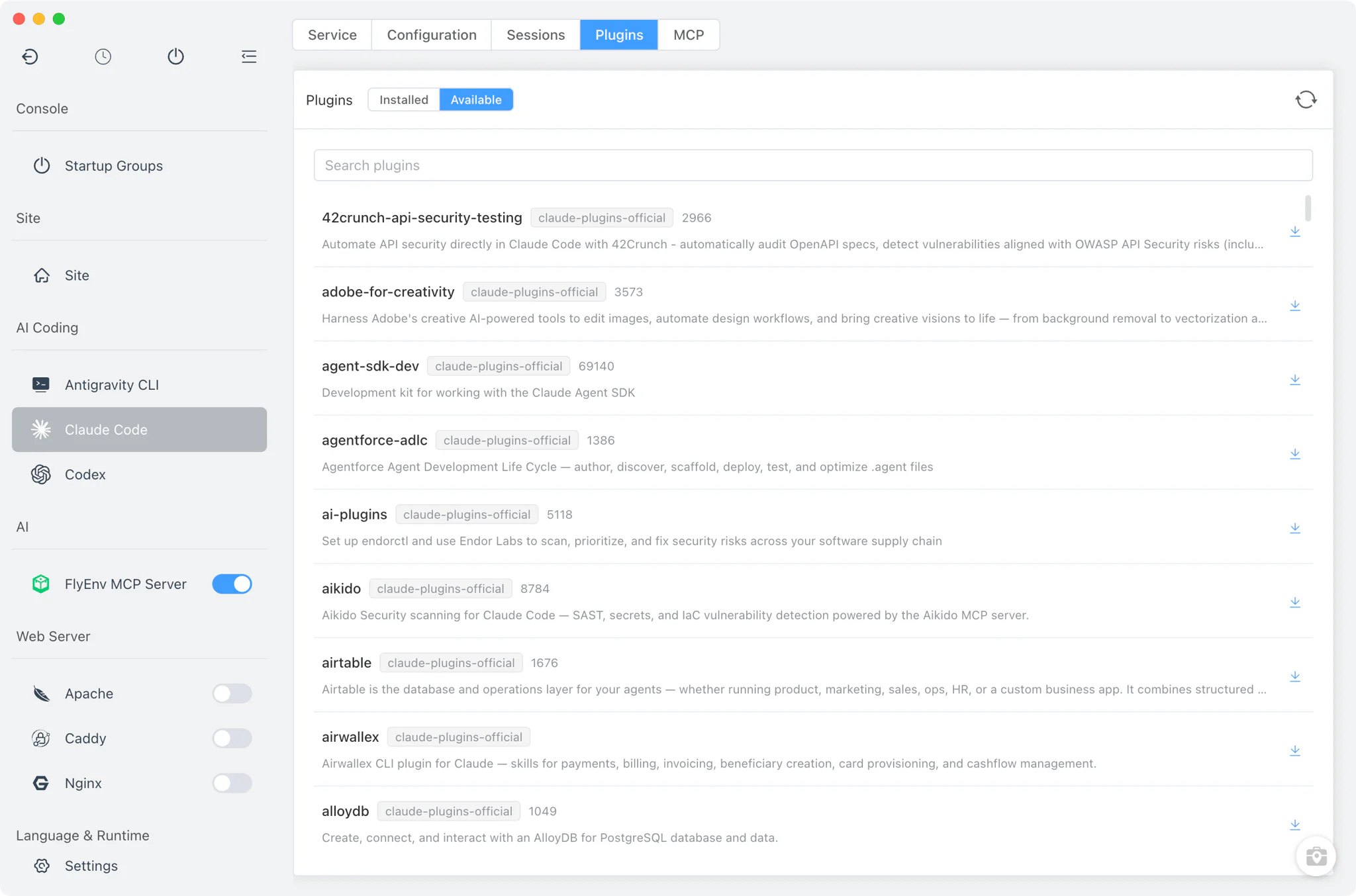Plugins tab listing marketplace plugins with install and enable actions