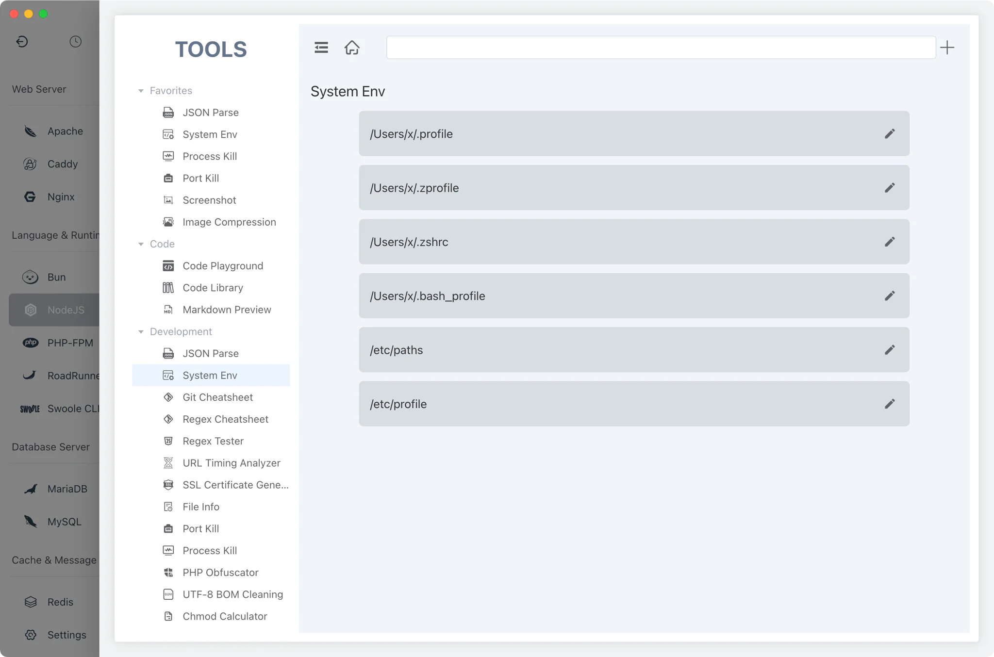 System environment variables editor on the FlyEnv Tools page