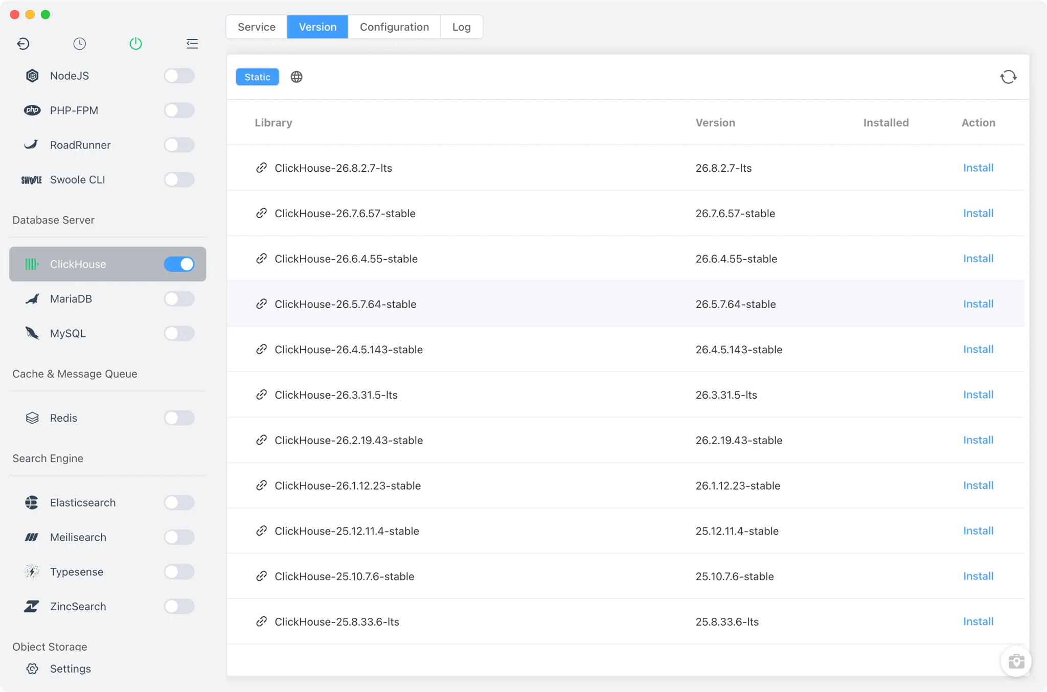 ClickHouse Version Manager with the online version list