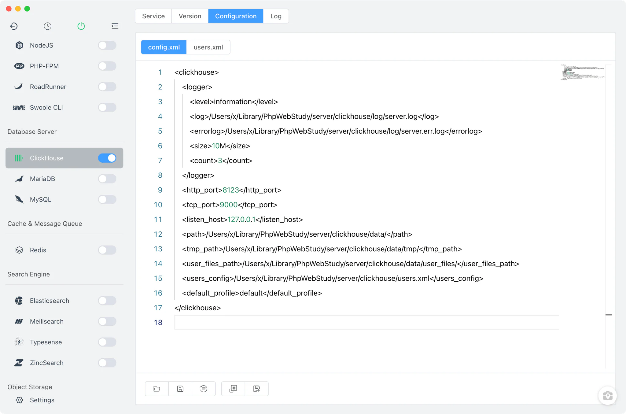 Editing ClickHouse config.xml in the source editor
