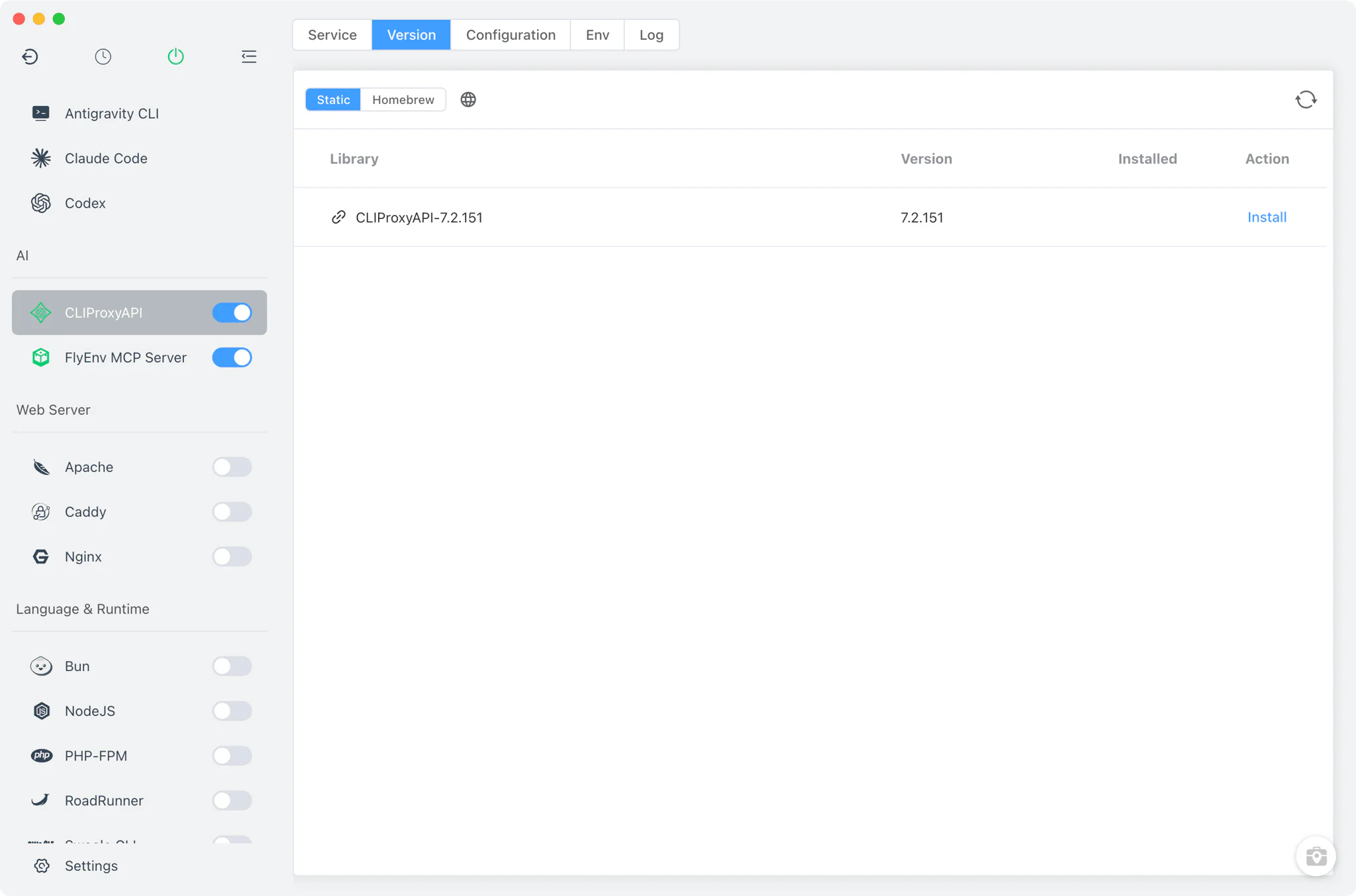 Manajer Versi CLIProxyAPI dengan sumber statis dan Homebrew