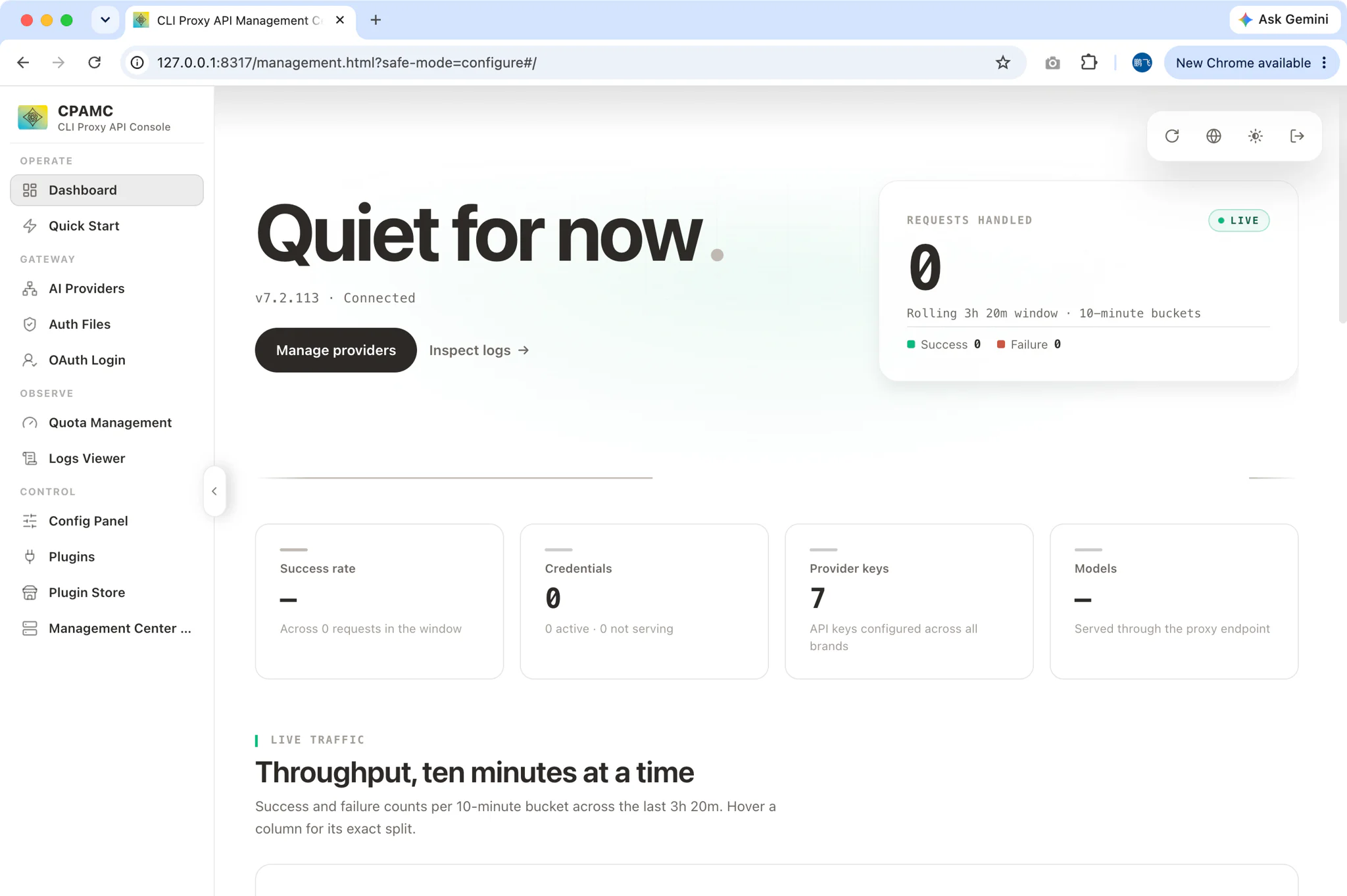Membuka panel manajemen CLIProxyAPI dari tab Layanan