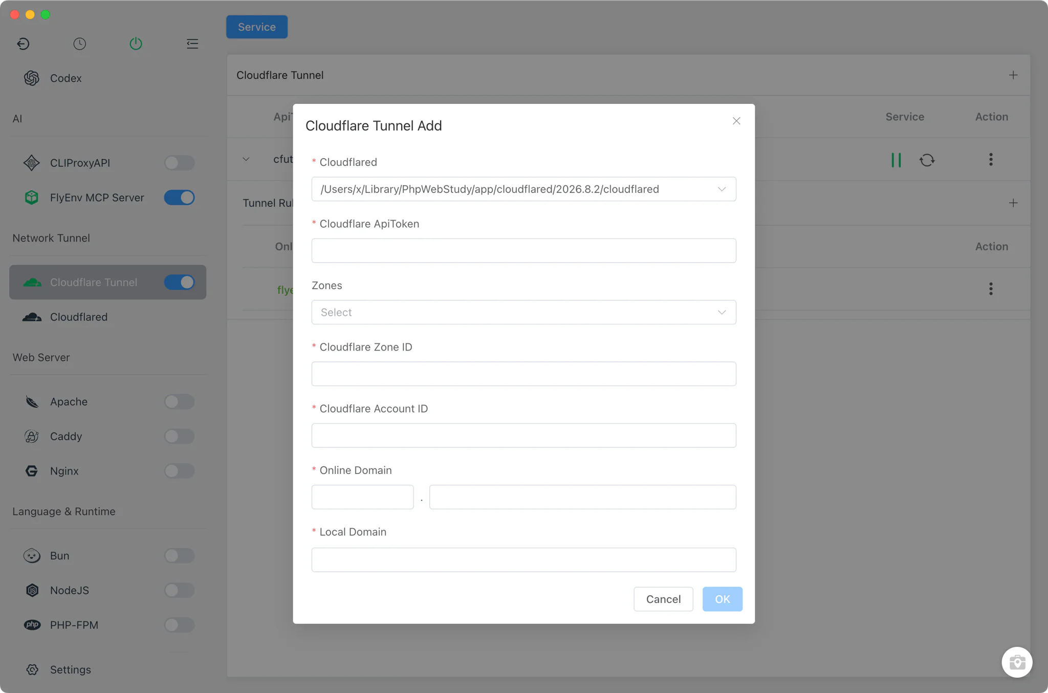 Adding a tunnel with cloudflared binary, API Token, Account ID and Zone