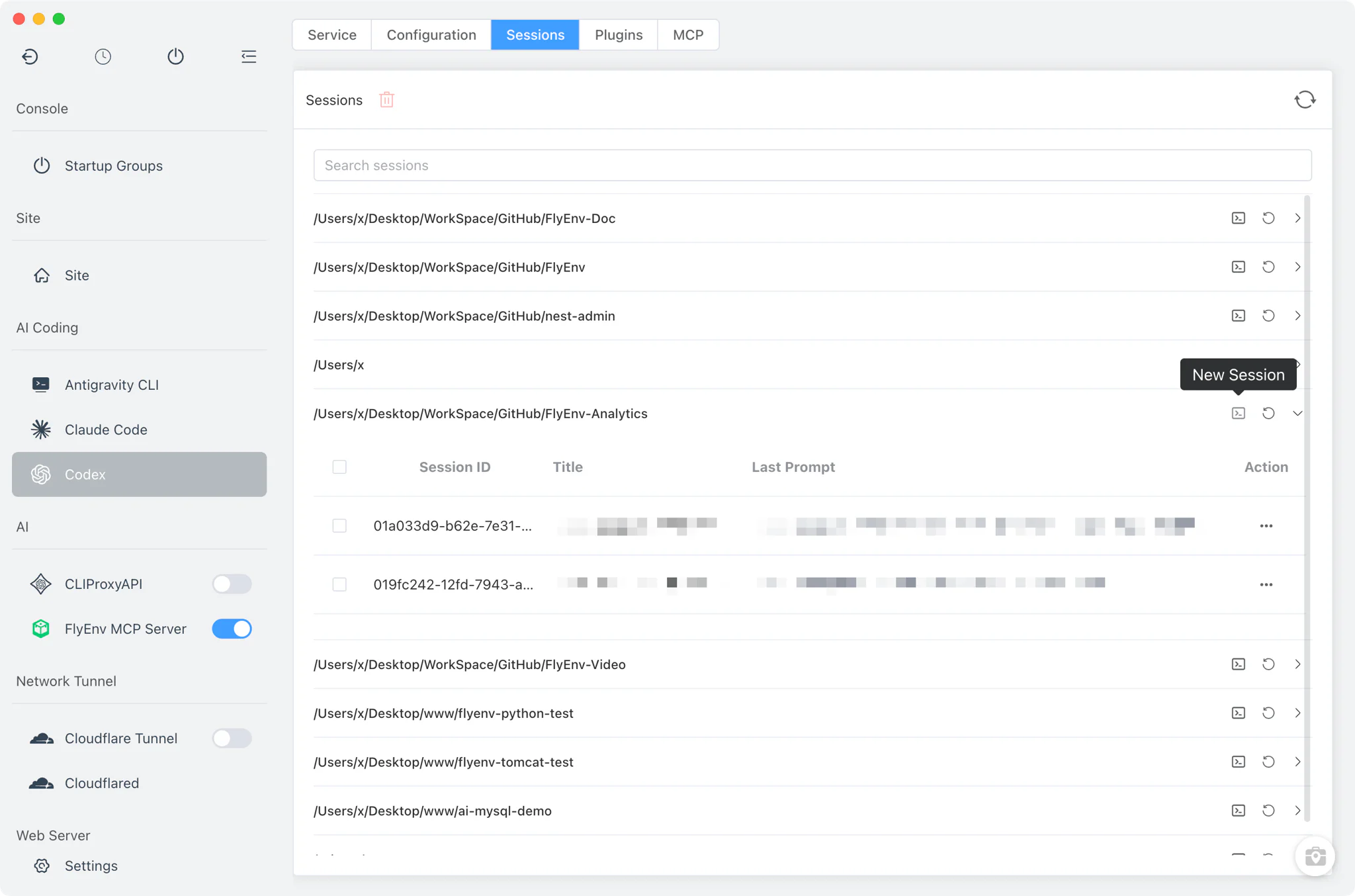 FlyEnv Codex 按项目分组的会话表截图