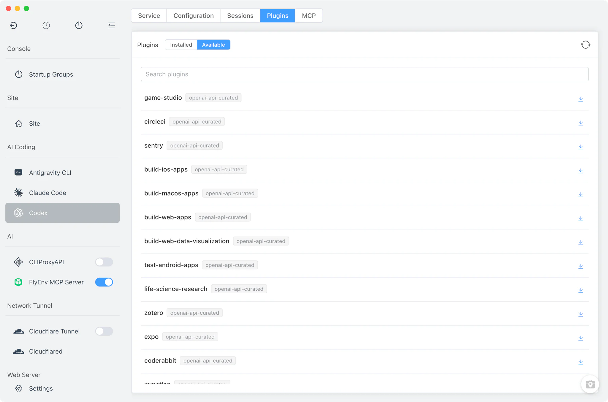 FlyEnv 管理 Codex 插件截图