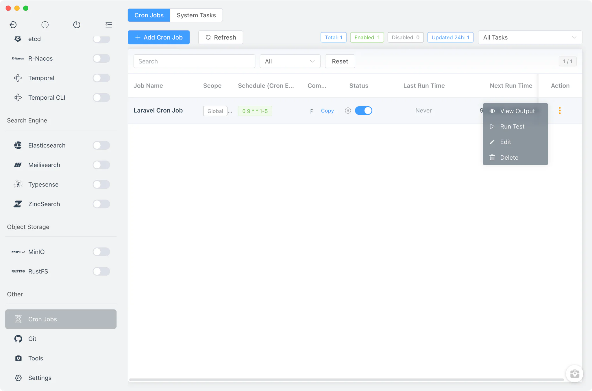 Tab Tugas Cron FlyEnv yang mencantumkan tugas terjadwal, ekspresi, dan perintah