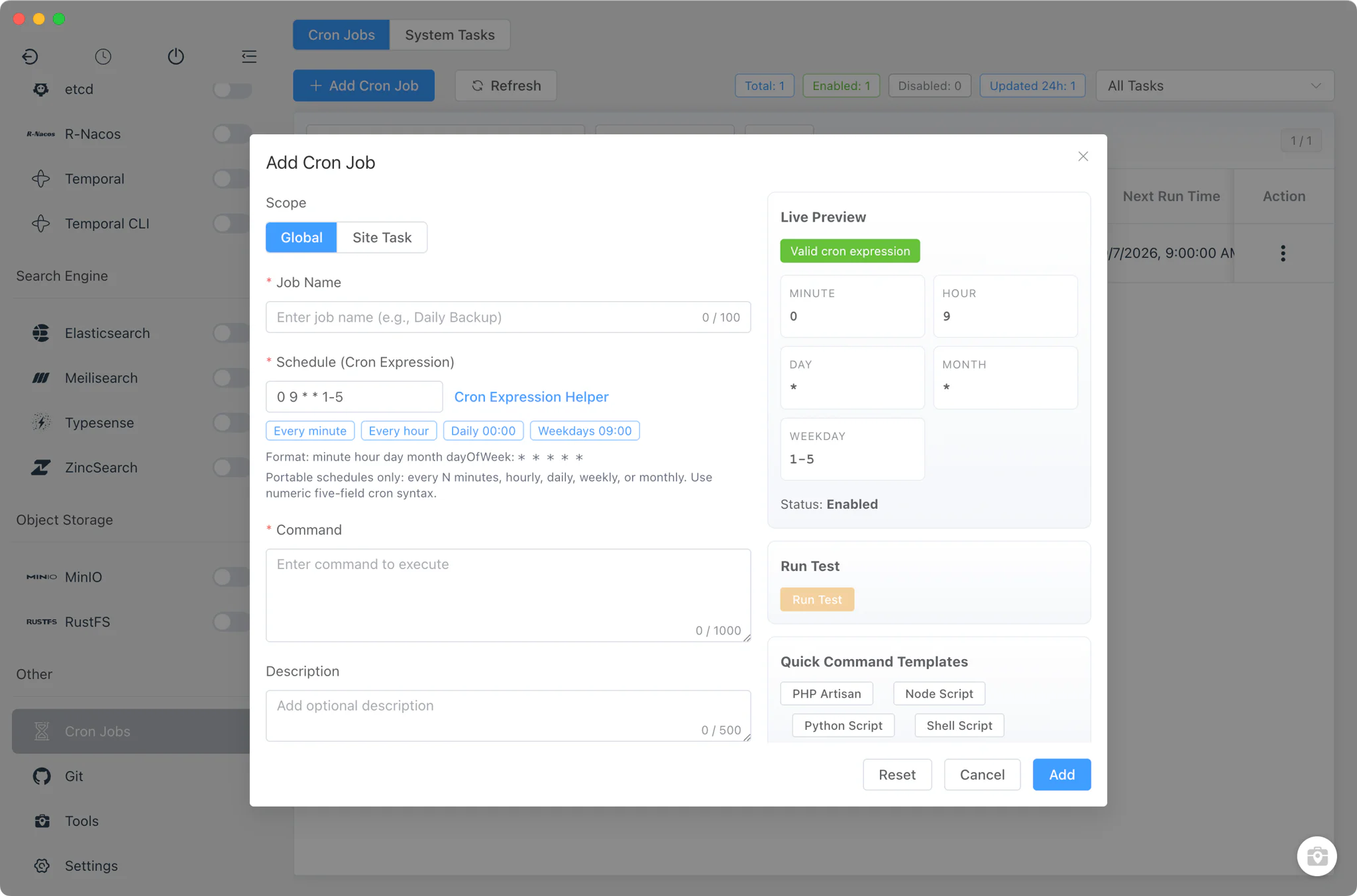 Editor tugas cron dengan validasi ekspresi, tag preset, dan area perintah