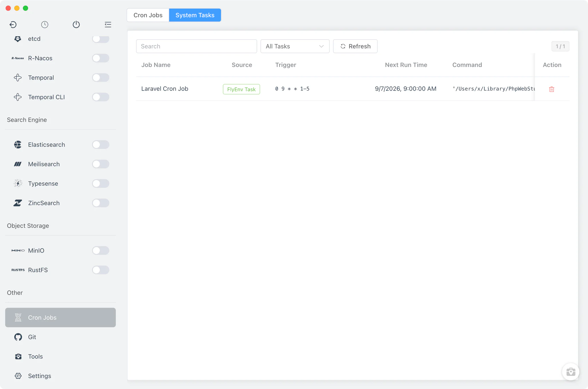 Tab Tugas Sistem yang menampilkan entri scheduler OS dengan tugas milik FlyEnv bertanda