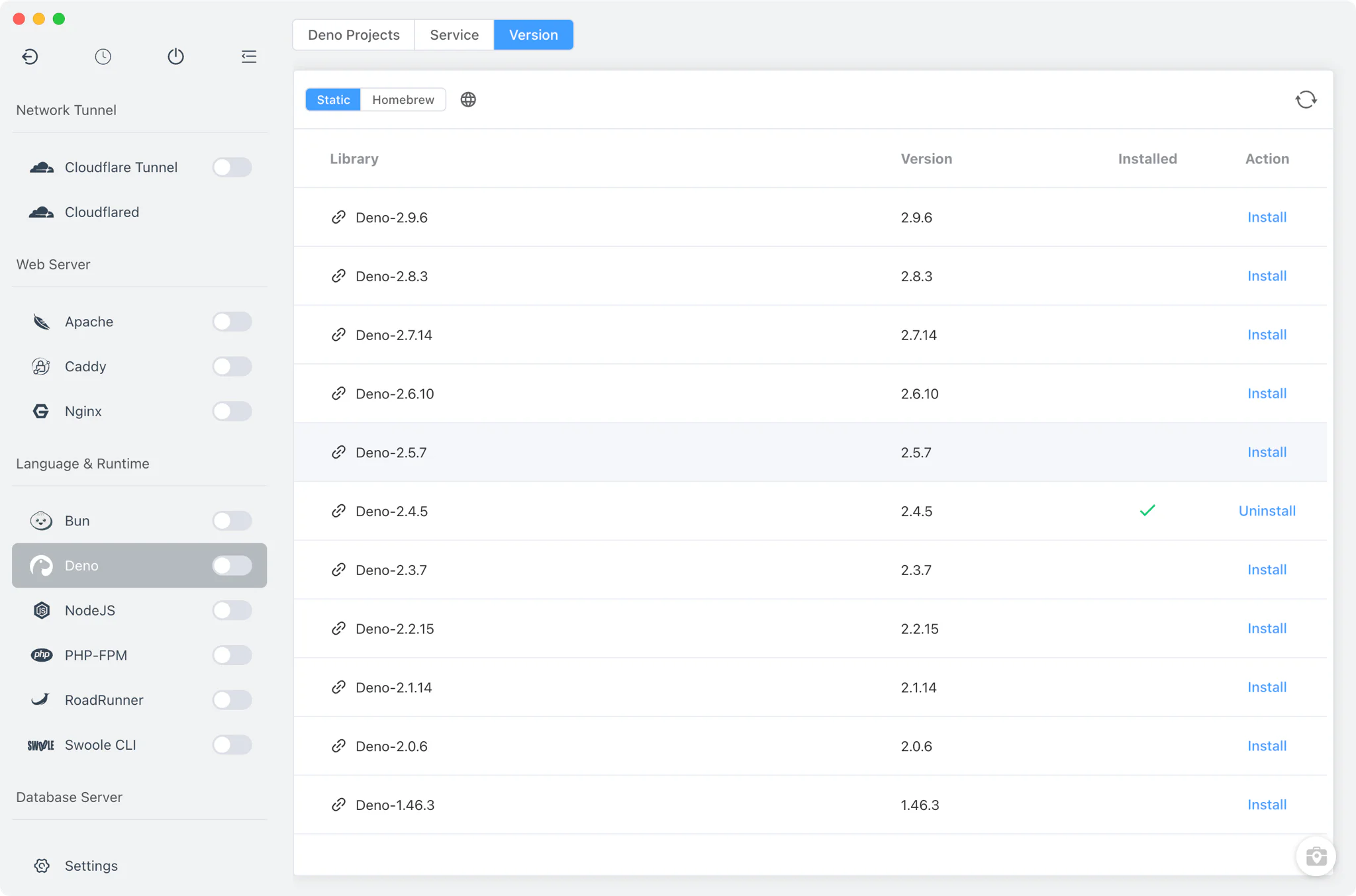 Deno Version Manager with Static and Homebrew install sources