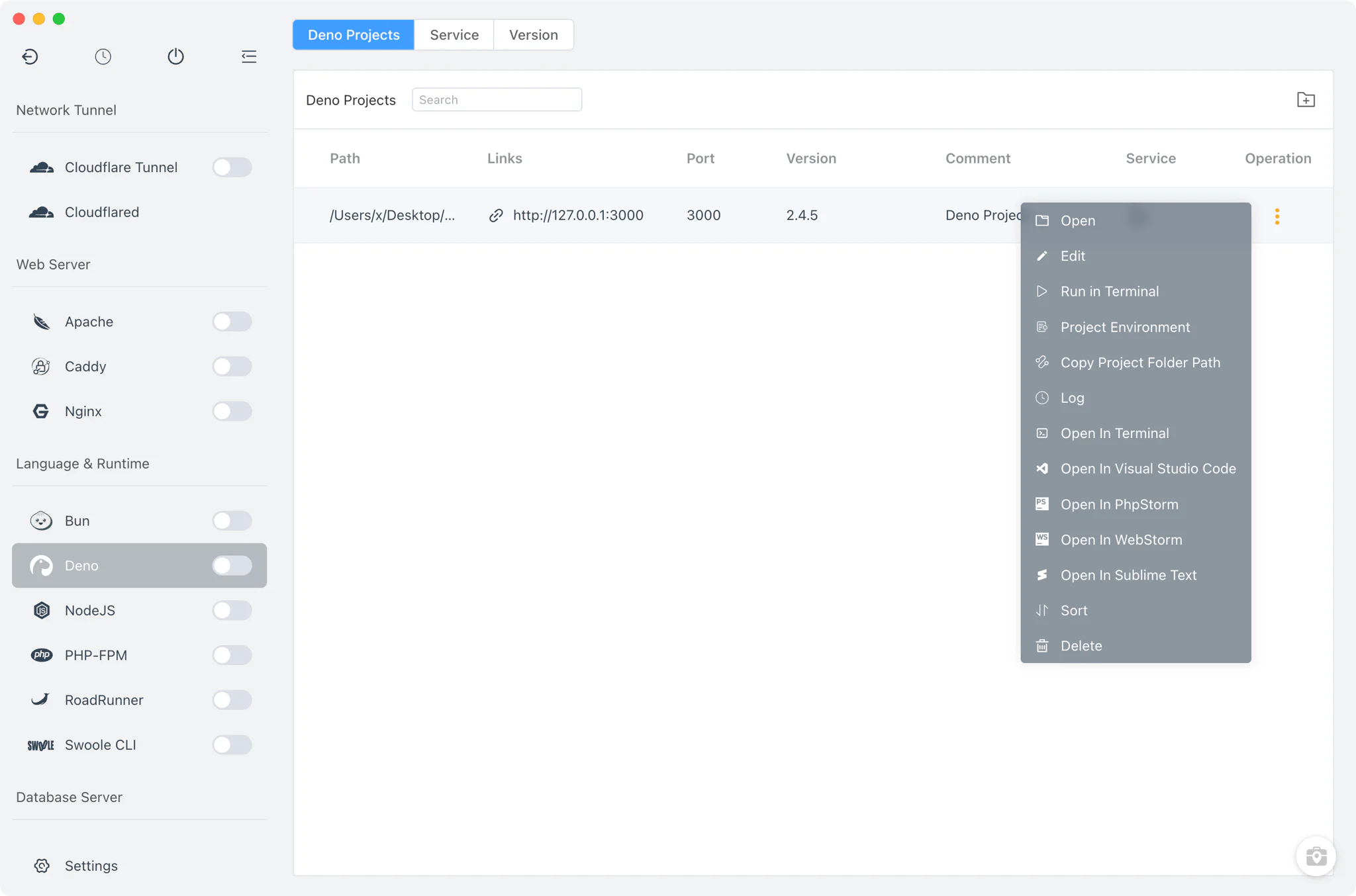 Deno Projects list with per-project Deno version binding