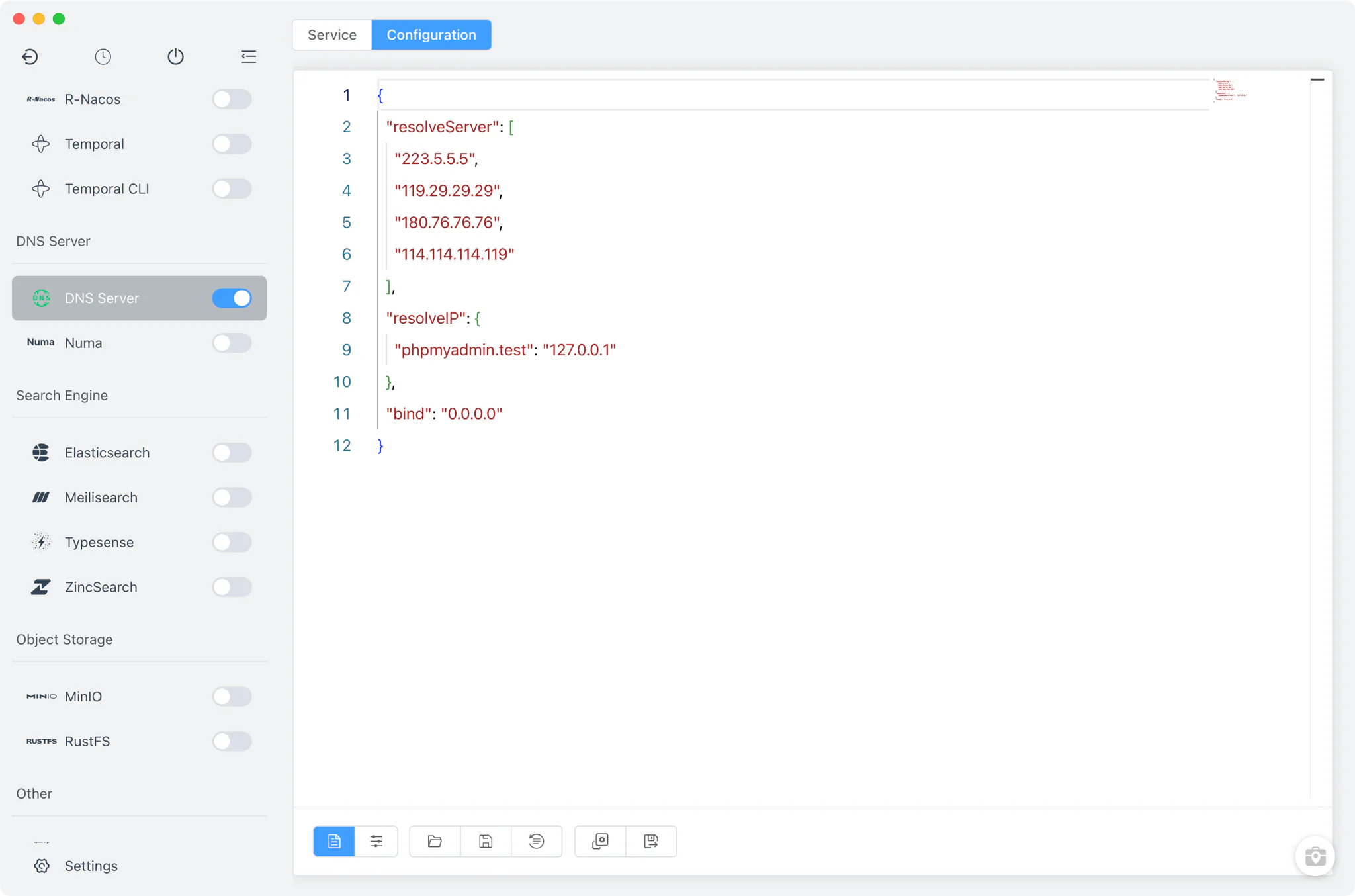 DNS configuration tab with the bind IP dropdown and dns.json editor