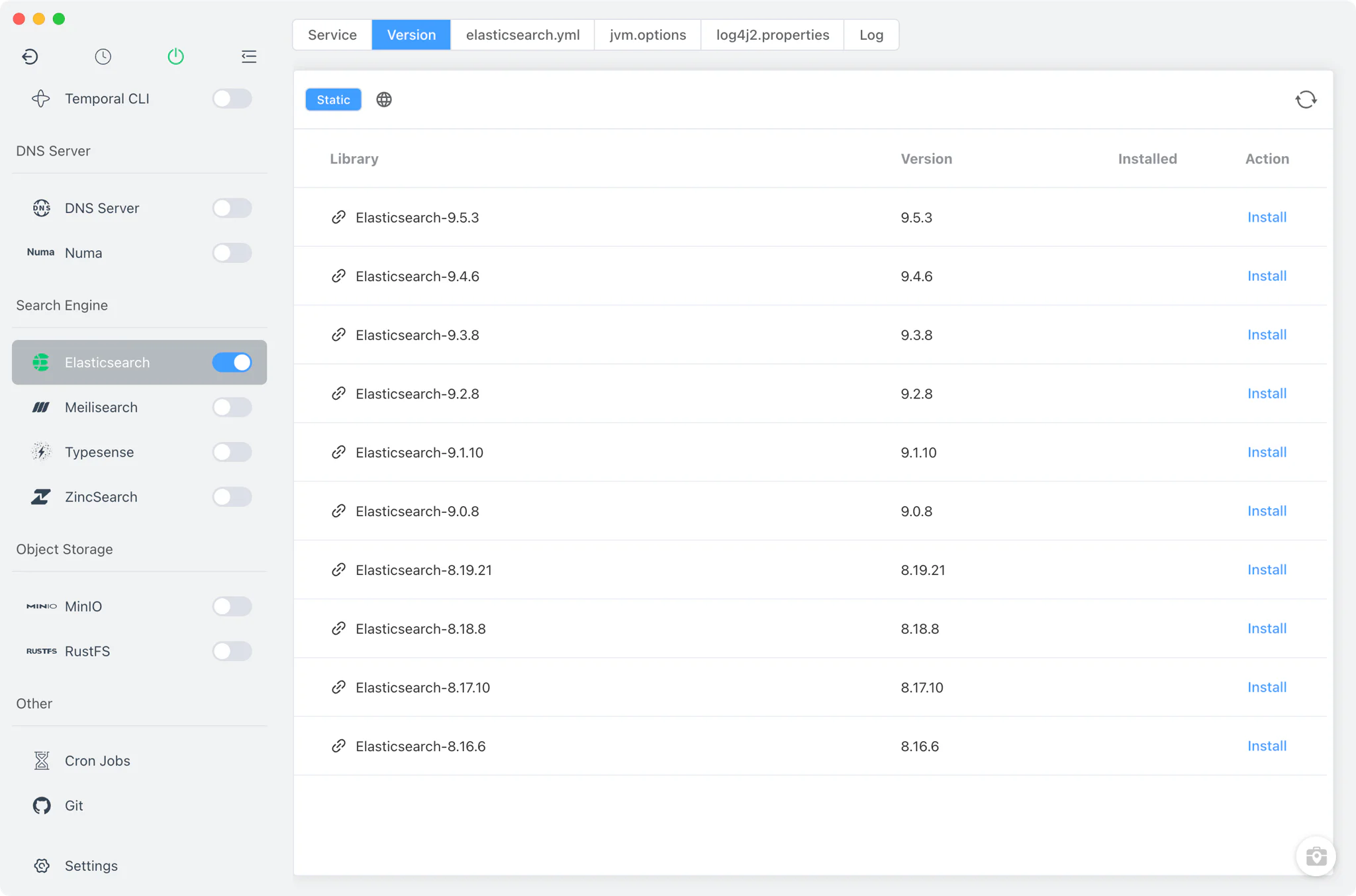 Elasticsearch Version Manager with the static package list