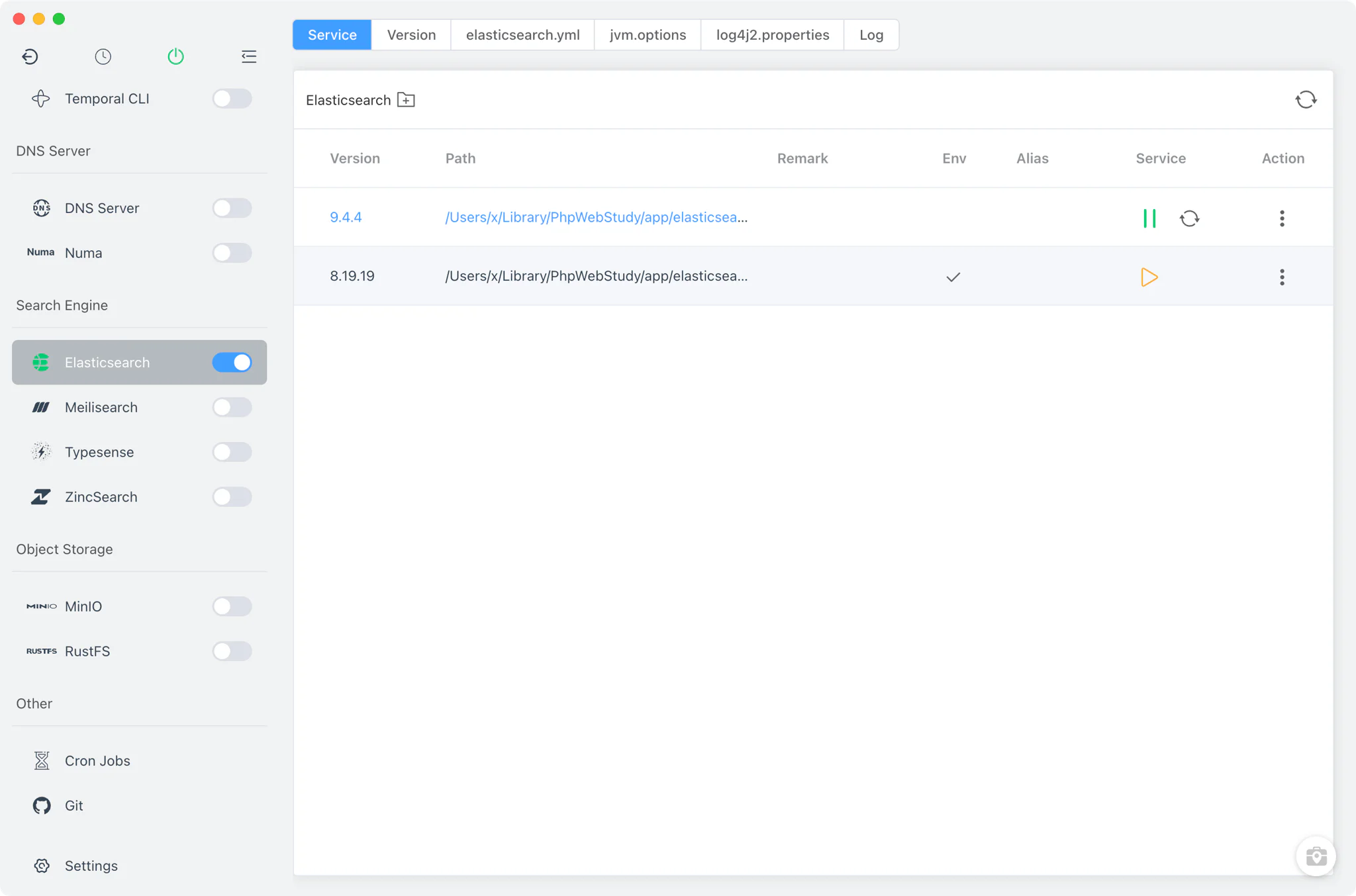 Elasticsearch Service tab with a running version