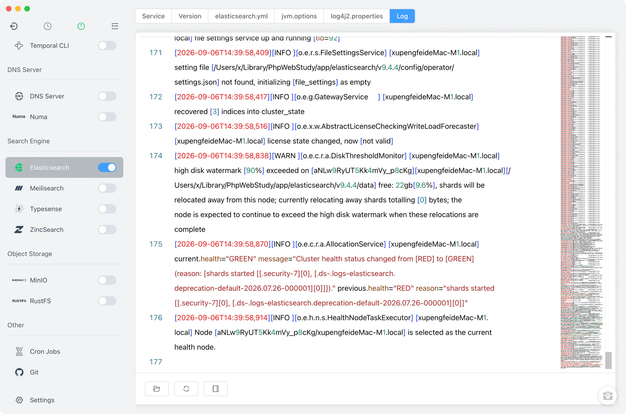 Elasticsearch log viewer showing the node log