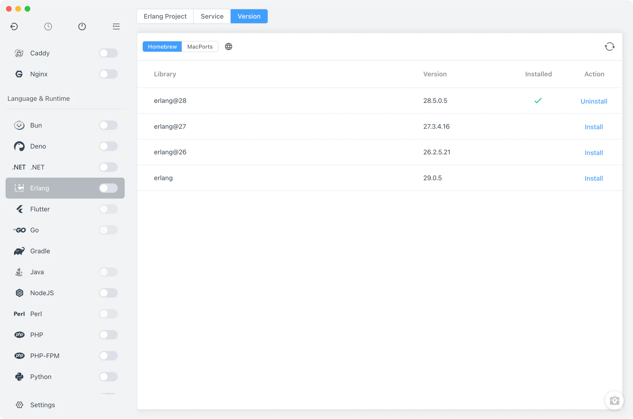 Erlang Version Manager with Homebrew and MacPorts sources