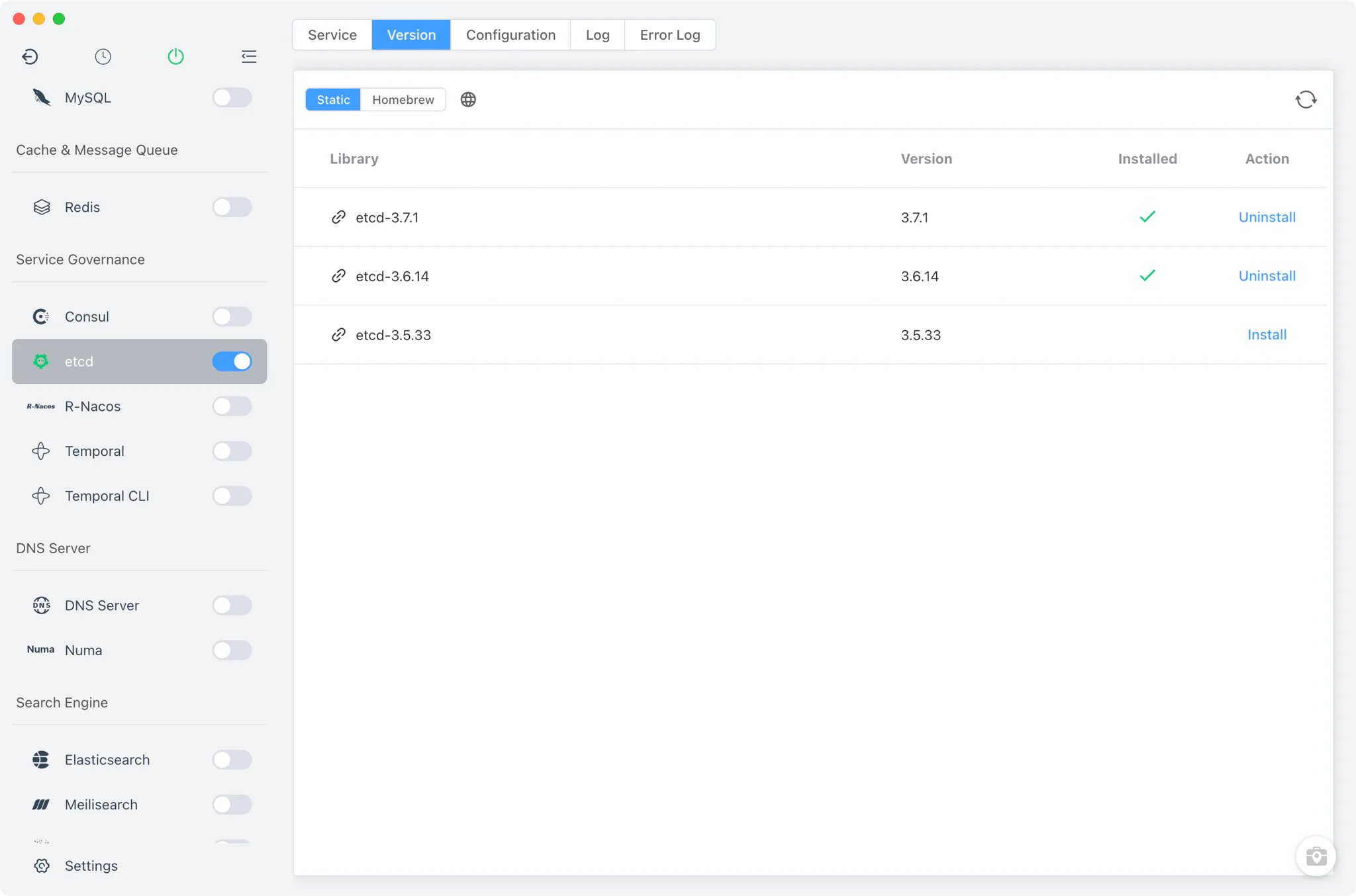 etcd Version Manager with static and Homebrew sources