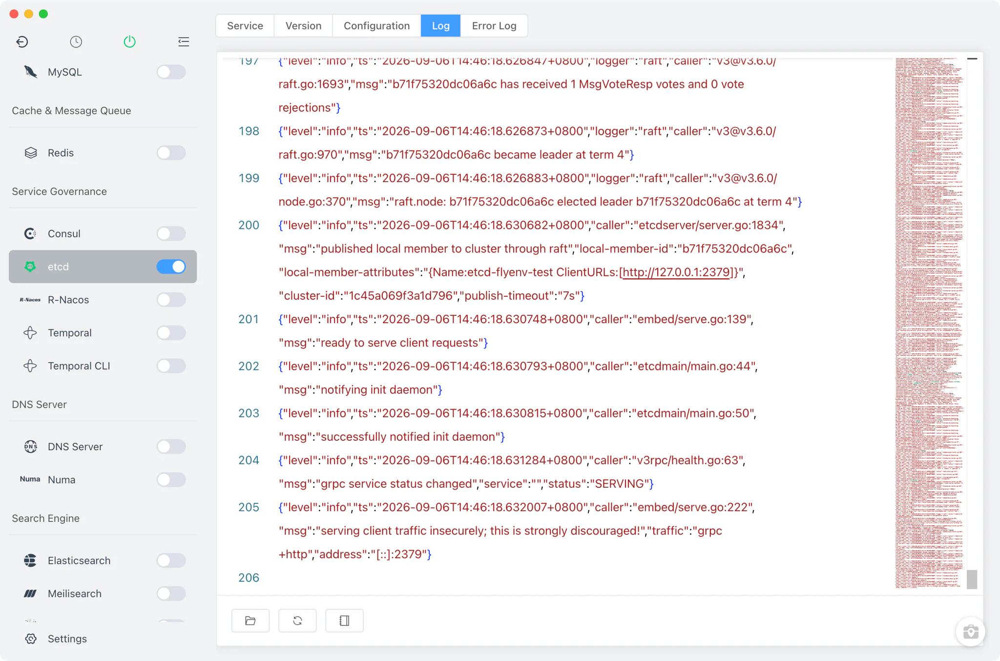 Per-version etcd startup and error log viewers