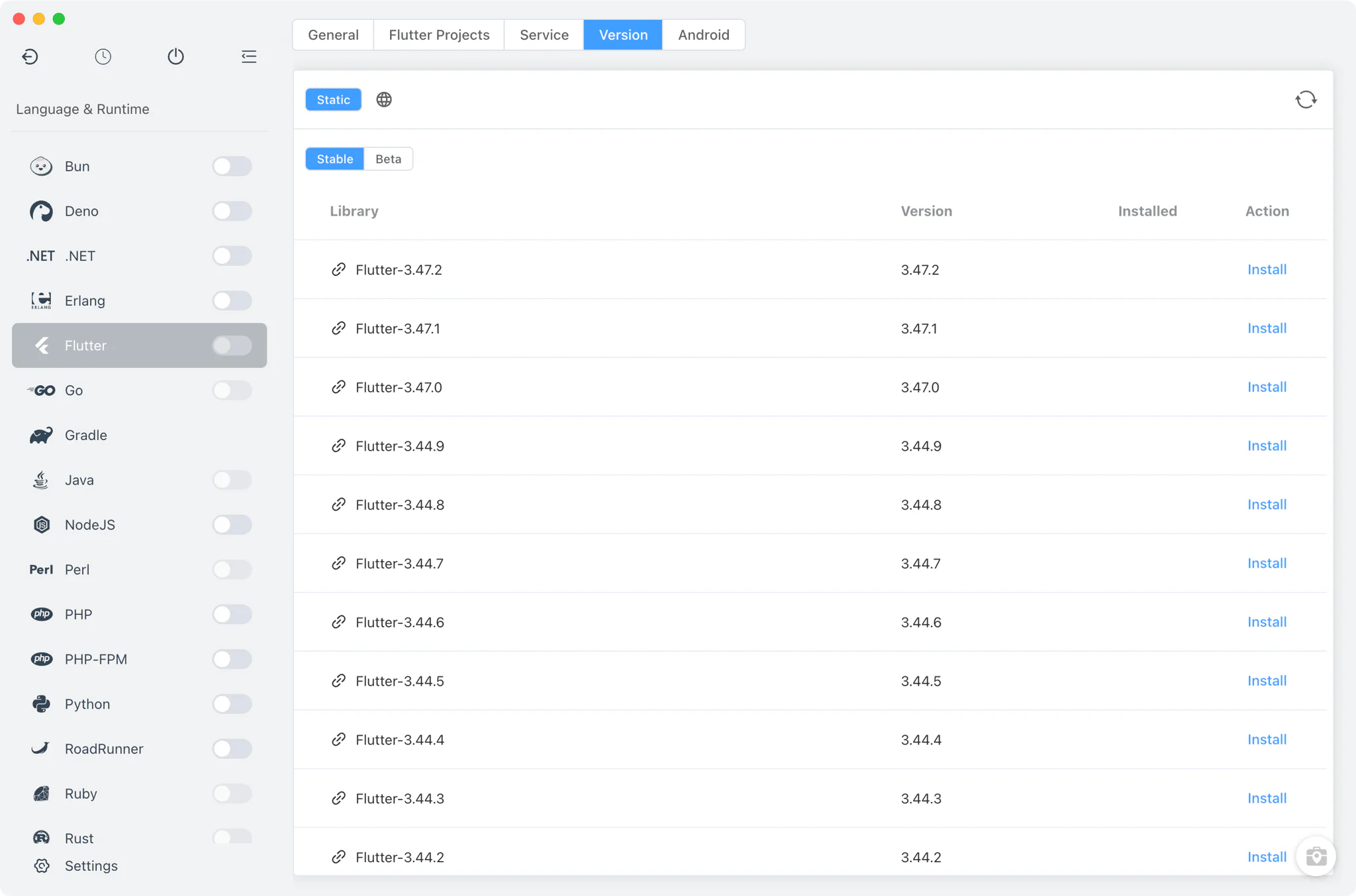 Flutter Version Manager with stable and beta channel selector
