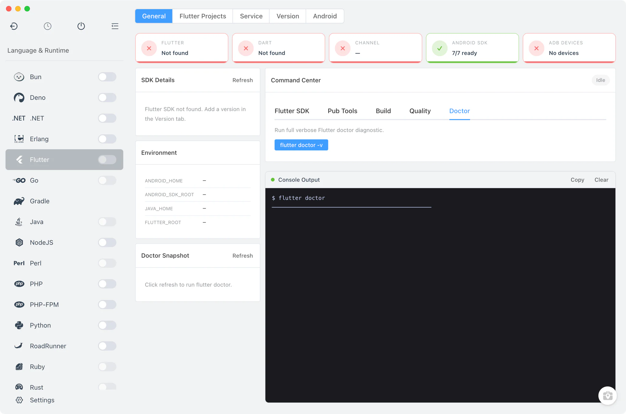 General tab with status cards and parsed Flutter Doctor output