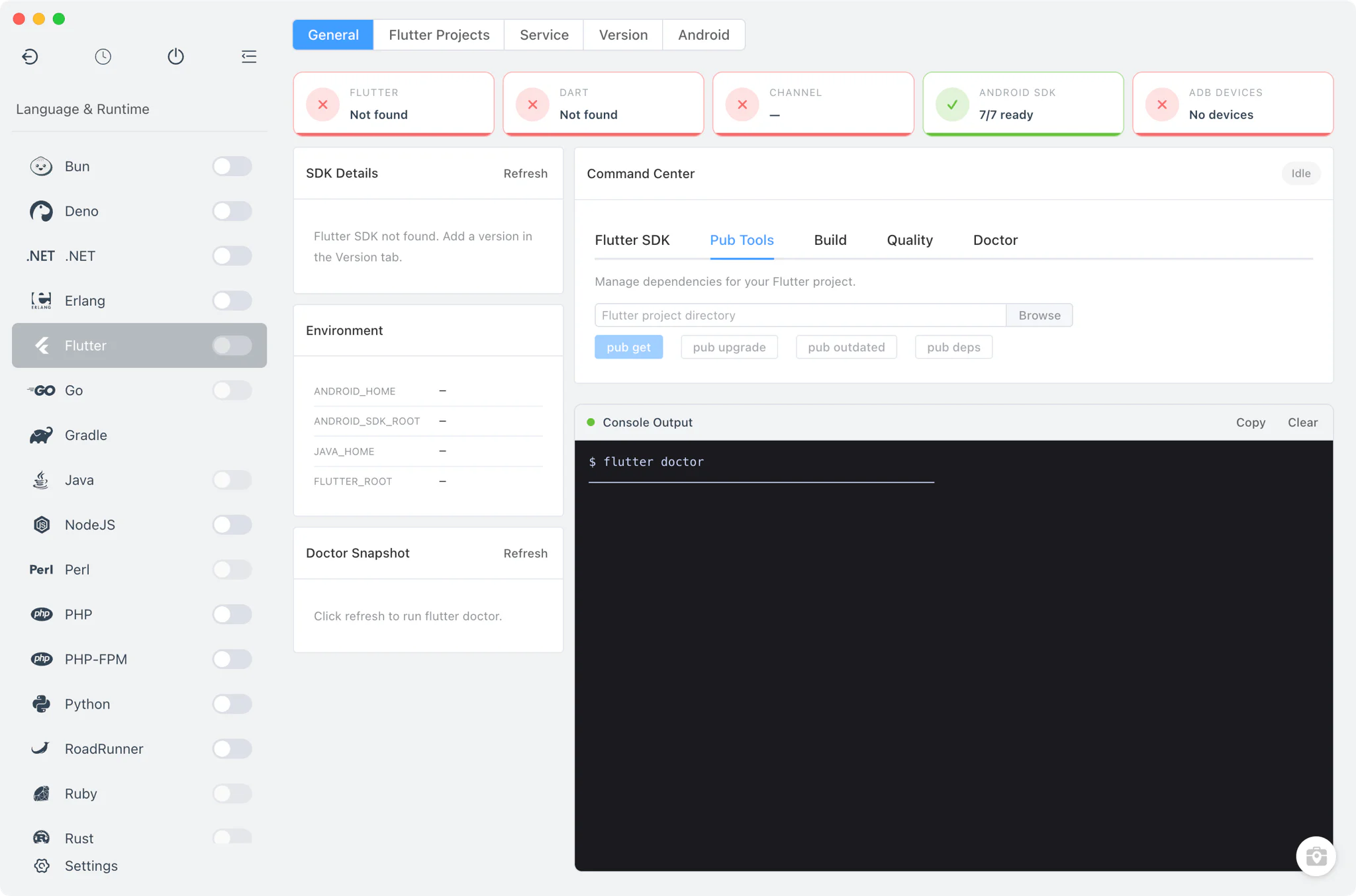 Command Center running pub and build commands with console output