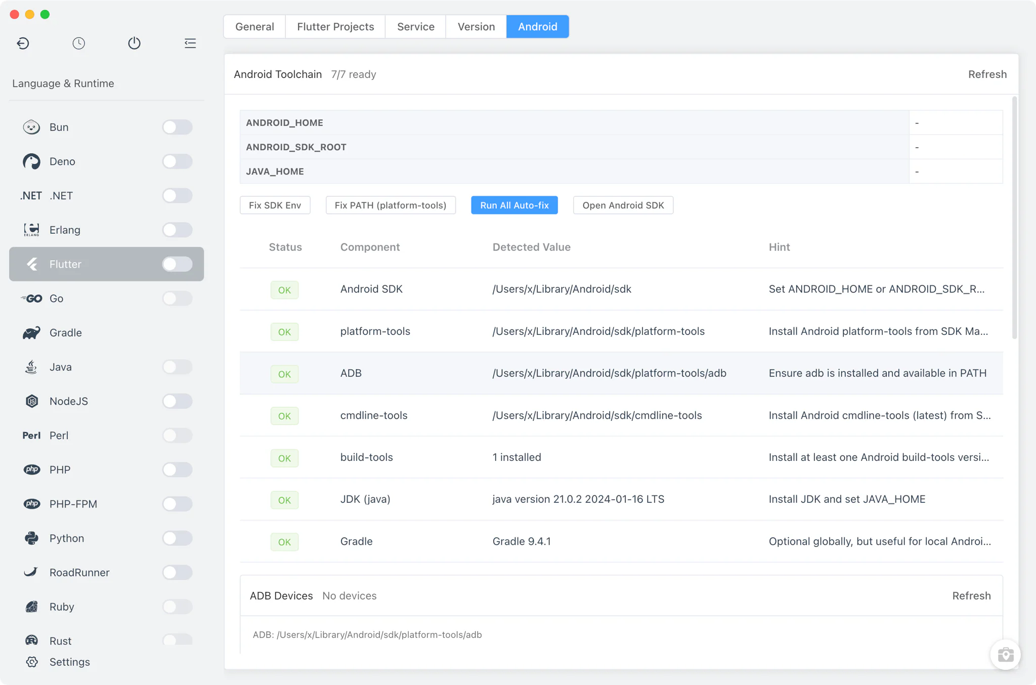 Android toolchain checks with fix actions and ADB device list