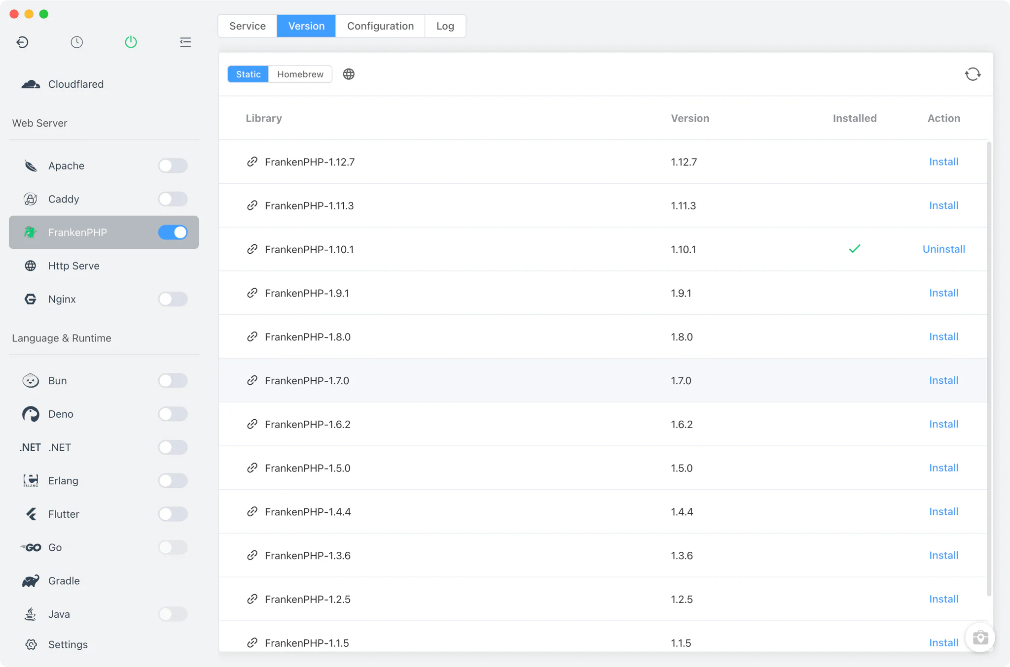 FrankenPHP Version Manager with PHP and Caddy version columns