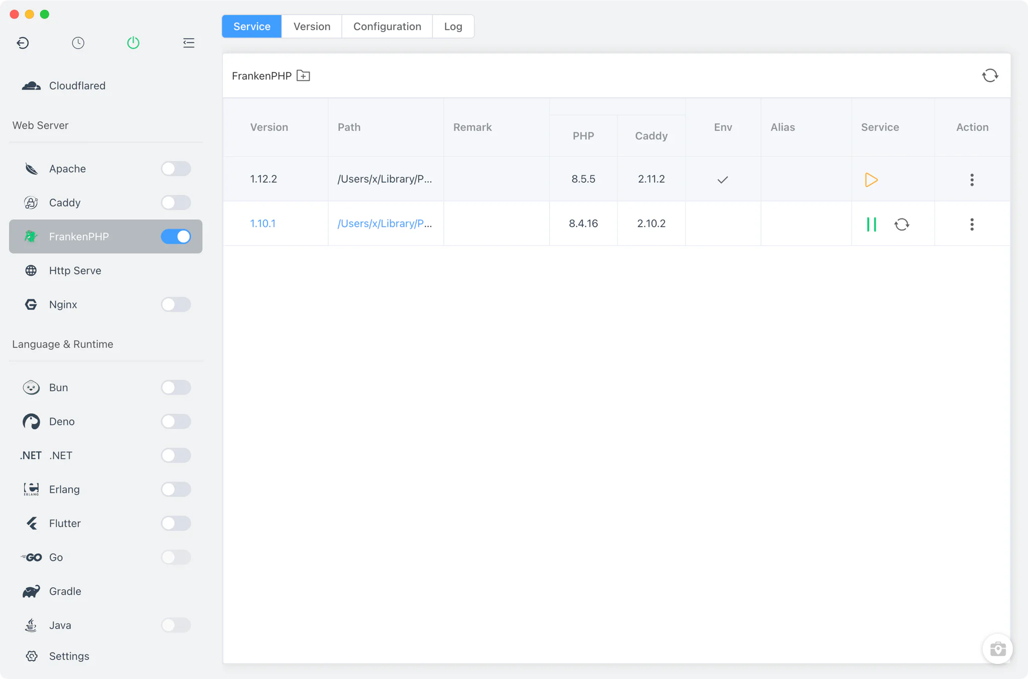 FrankenPHP Service tab with running version