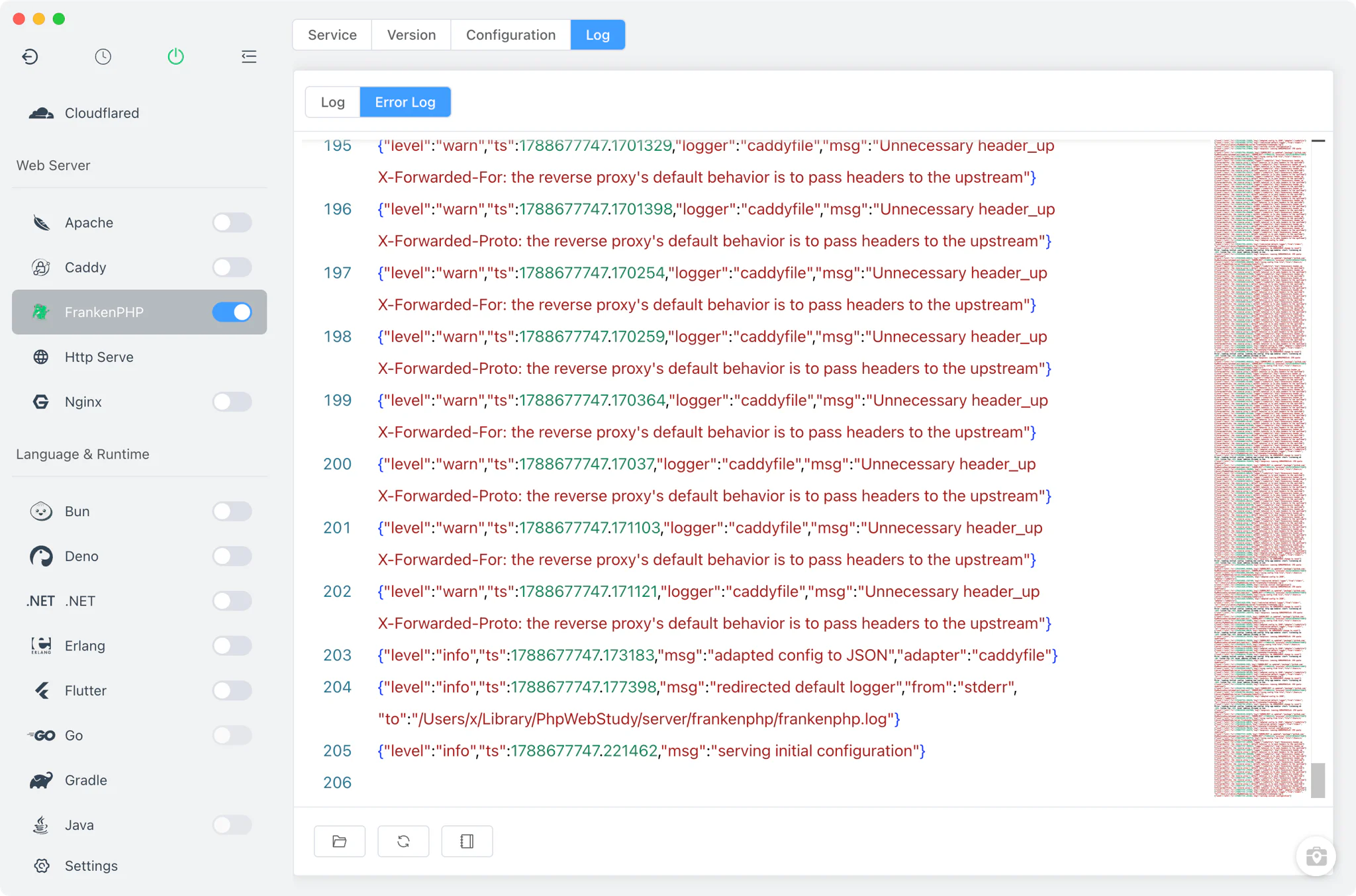 FrankenPHP log viewer