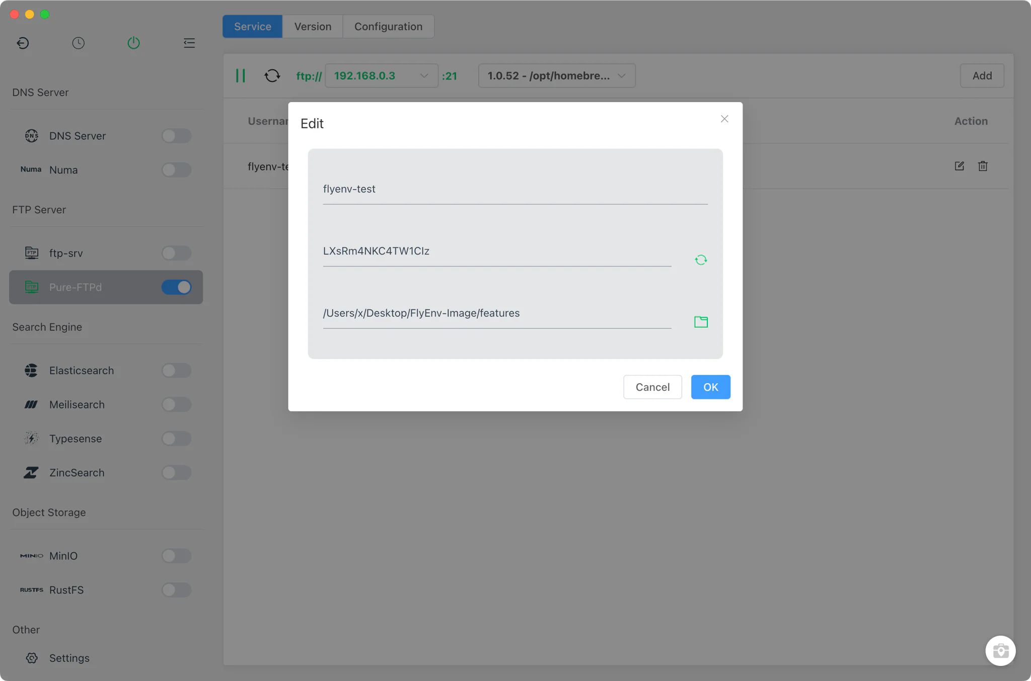 Adding an FTP account with username, password and root directory