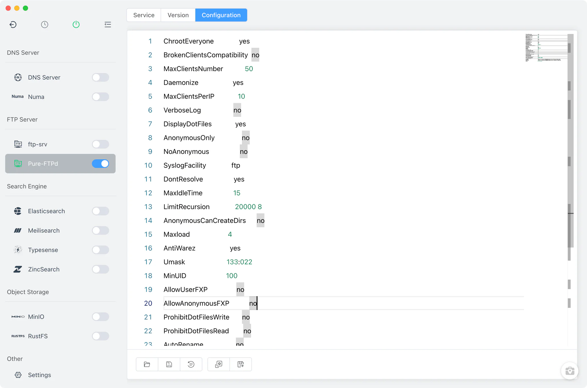 Editing pure-ftpd.conf in the Config File tab
