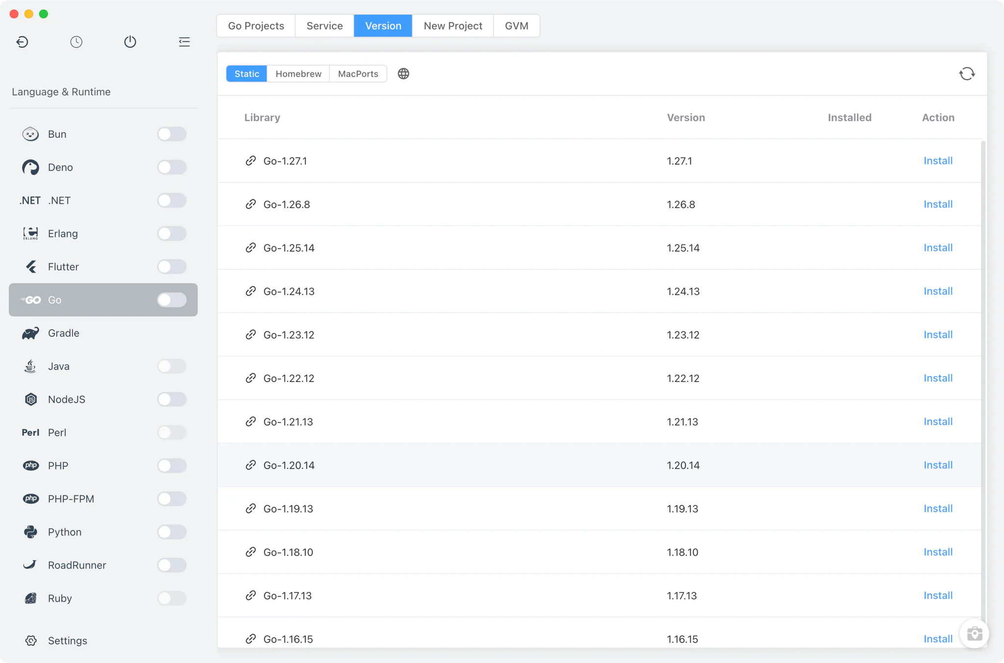 Go Version Manager with Static, Homebrew and MacPorts sources