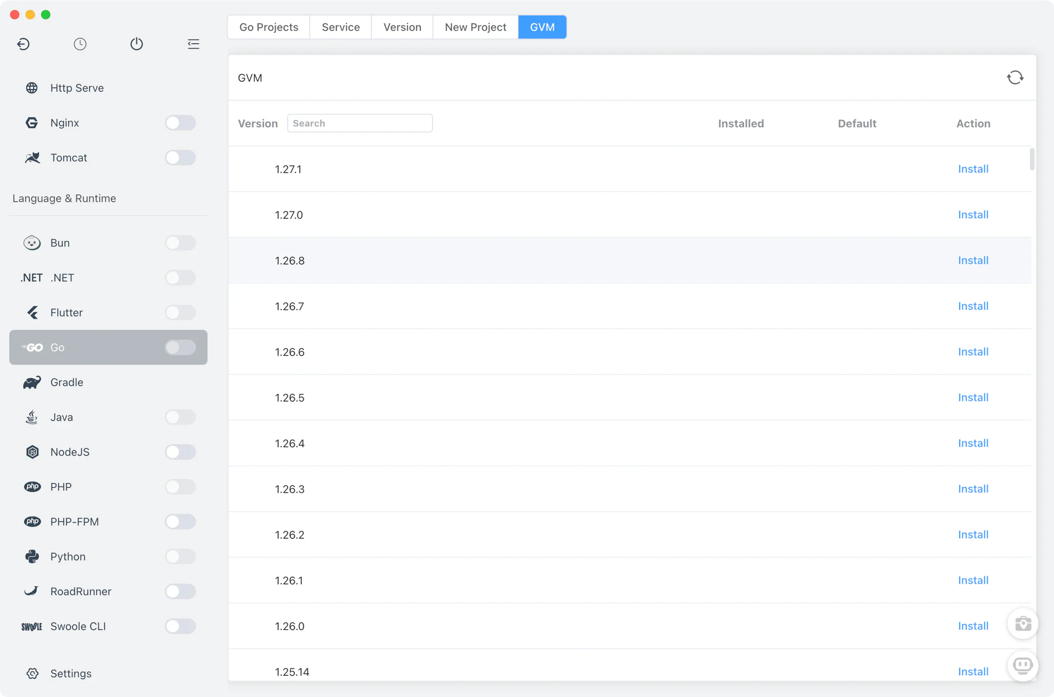 GVM tab listing GVM-managed Go versions