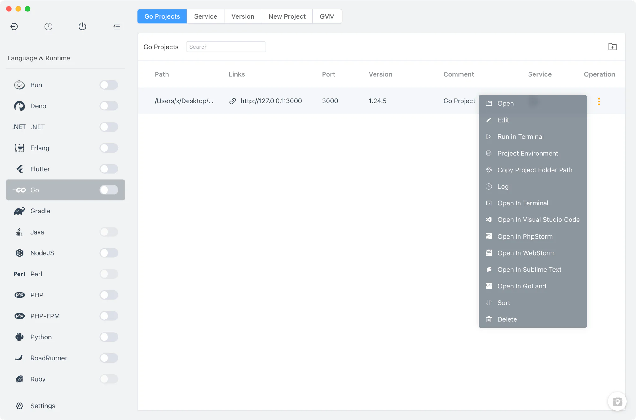 Go Projects list with per-project Go version binding