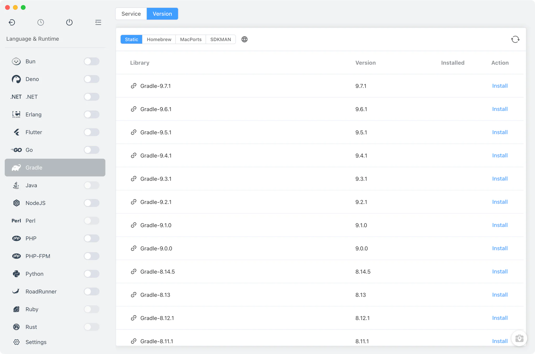 Gradle Version Manager with Static, Homebrew, MacPorts and SDKMAN sources
