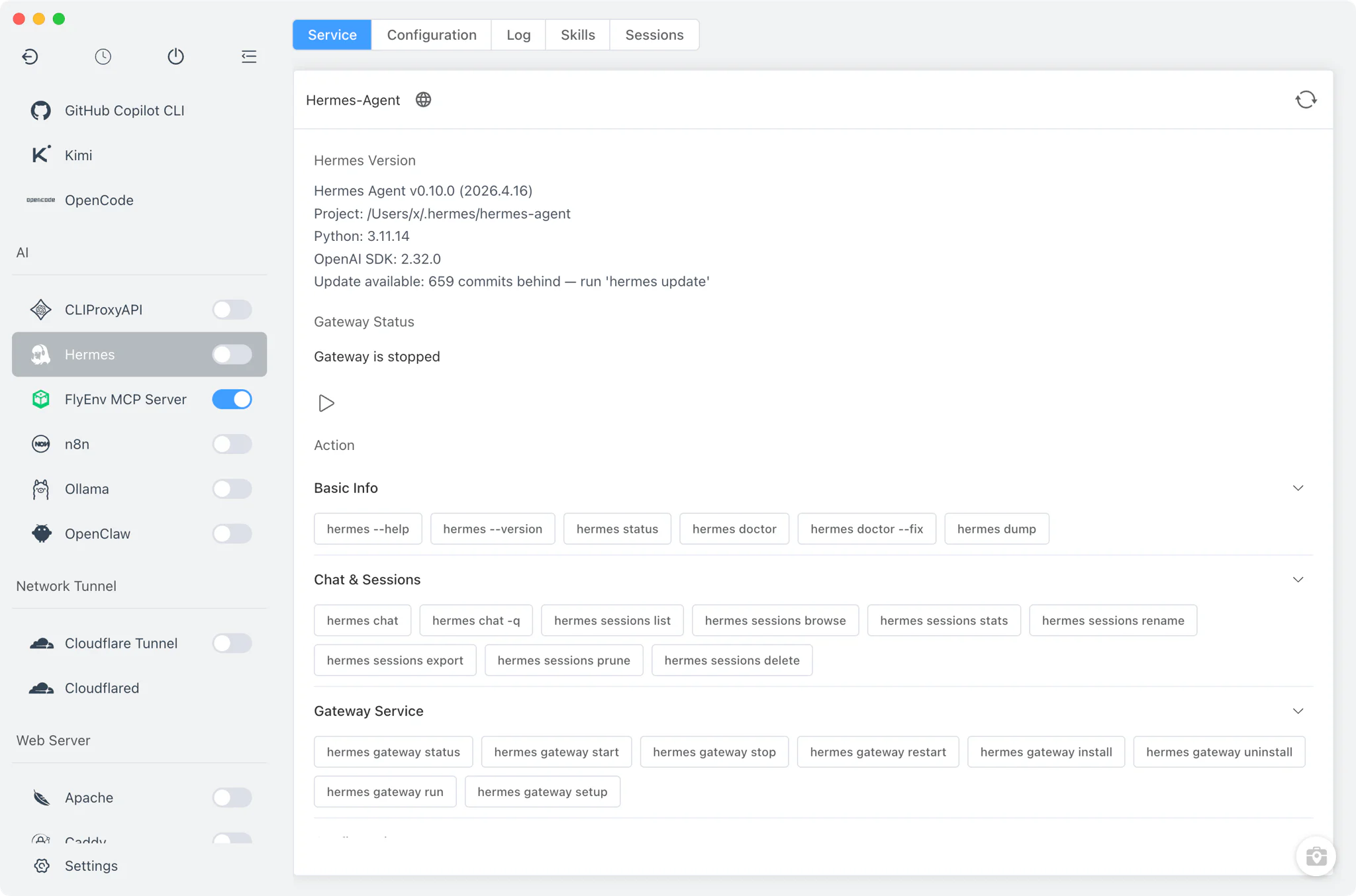 FlyEnv Hermes module overview with Service, Config File, Log, Skills and Sessions tabs
