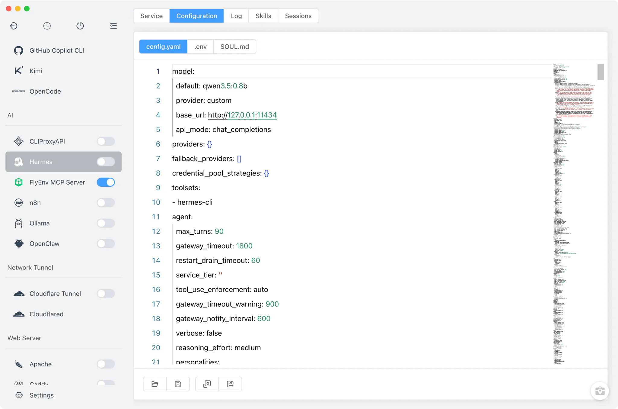 Editing ~/.hermes/config.yaml in the FlyEnv config editor