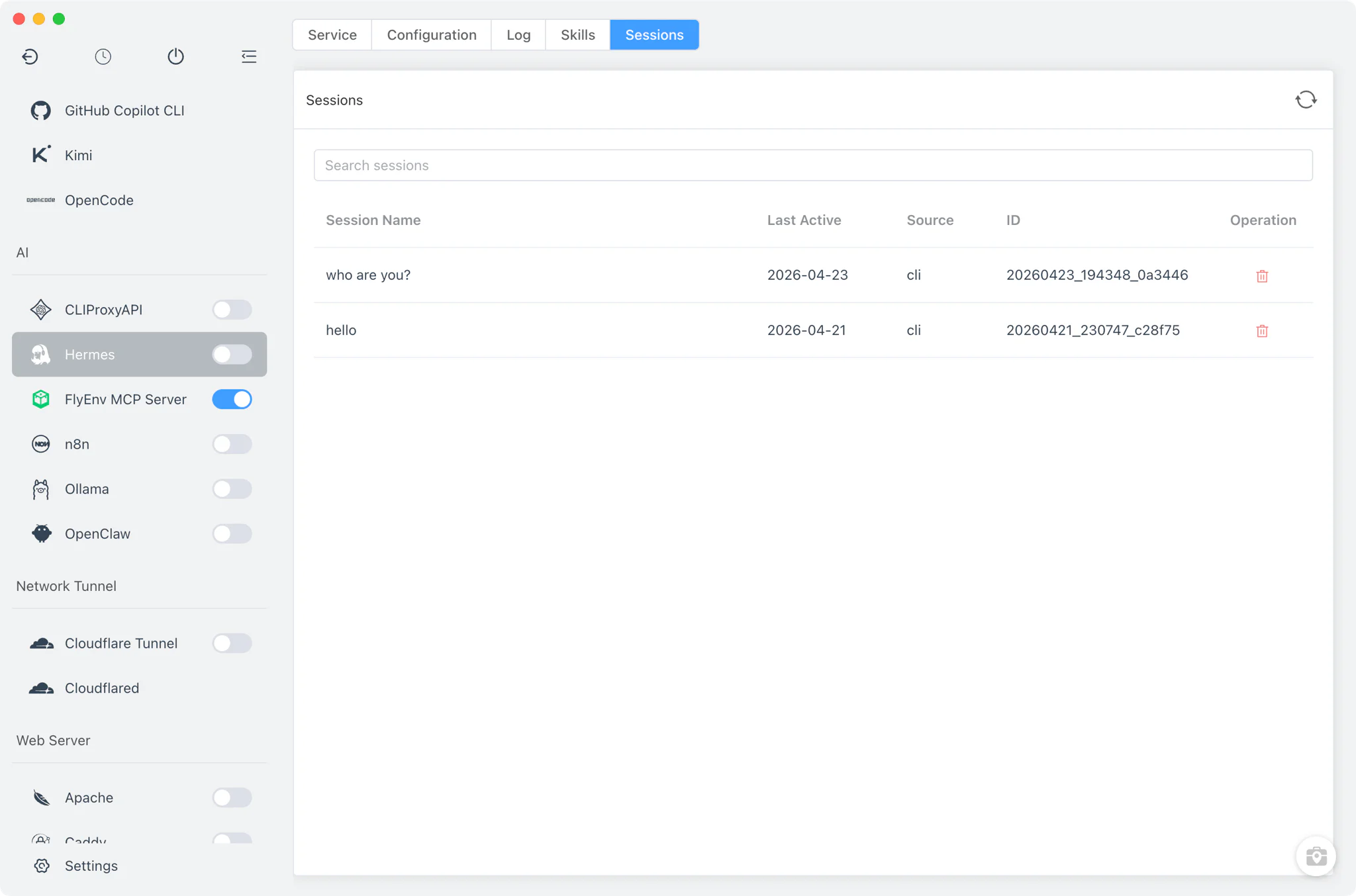 Hermes Sessions tab listing sessions with delete actions