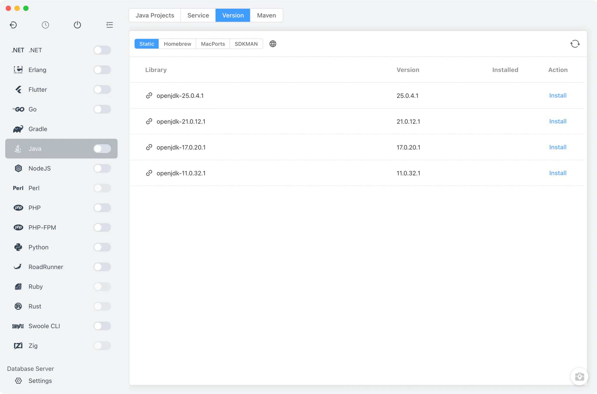 Java Version Manager with install sources