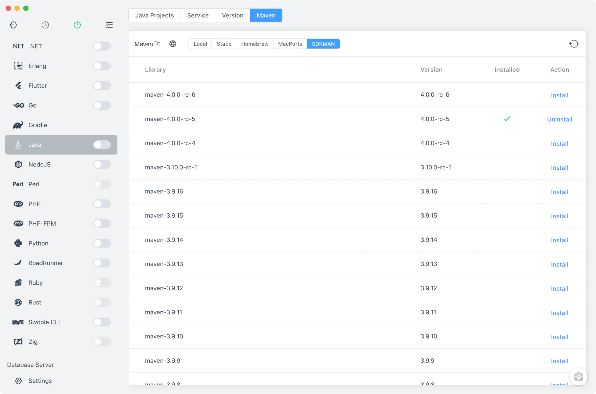 Maven version manager inside the Java module