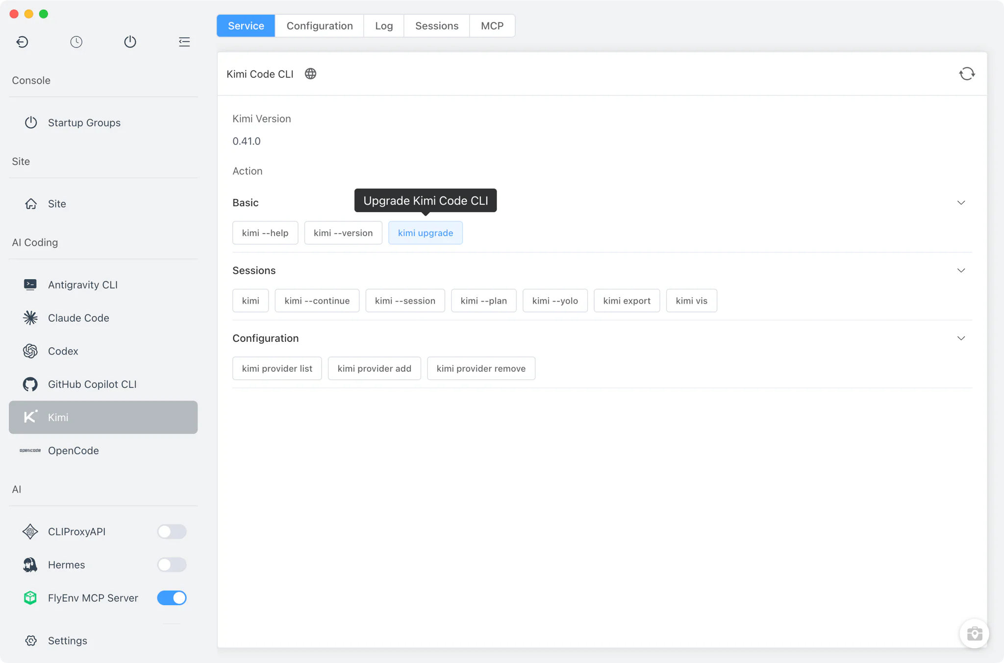 Modul Kimi FlyEnv dengan tab layanan, berkas konfigurasi, log, sesi, dan MCP