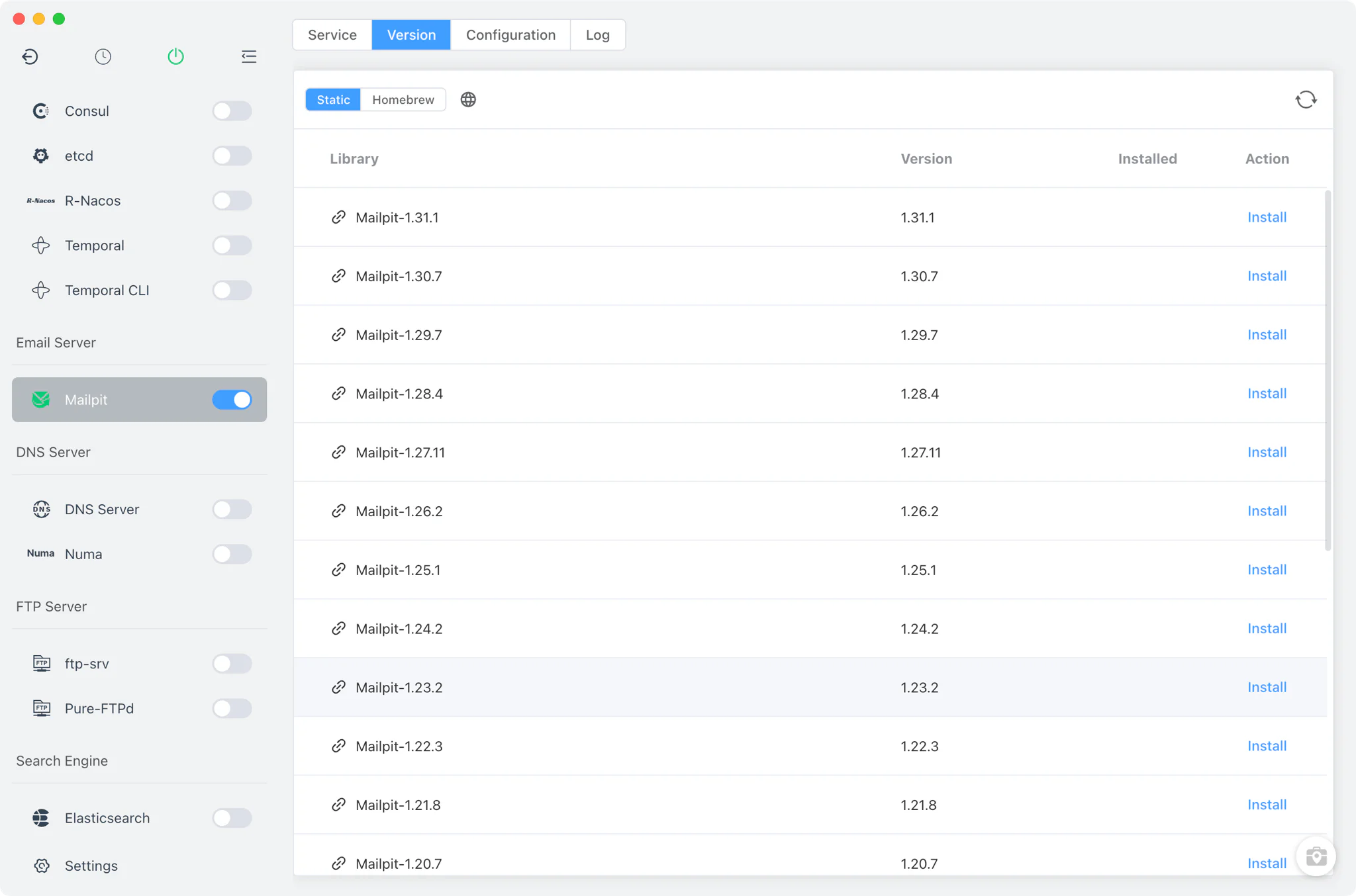 Mailpit Version Manager with install sources